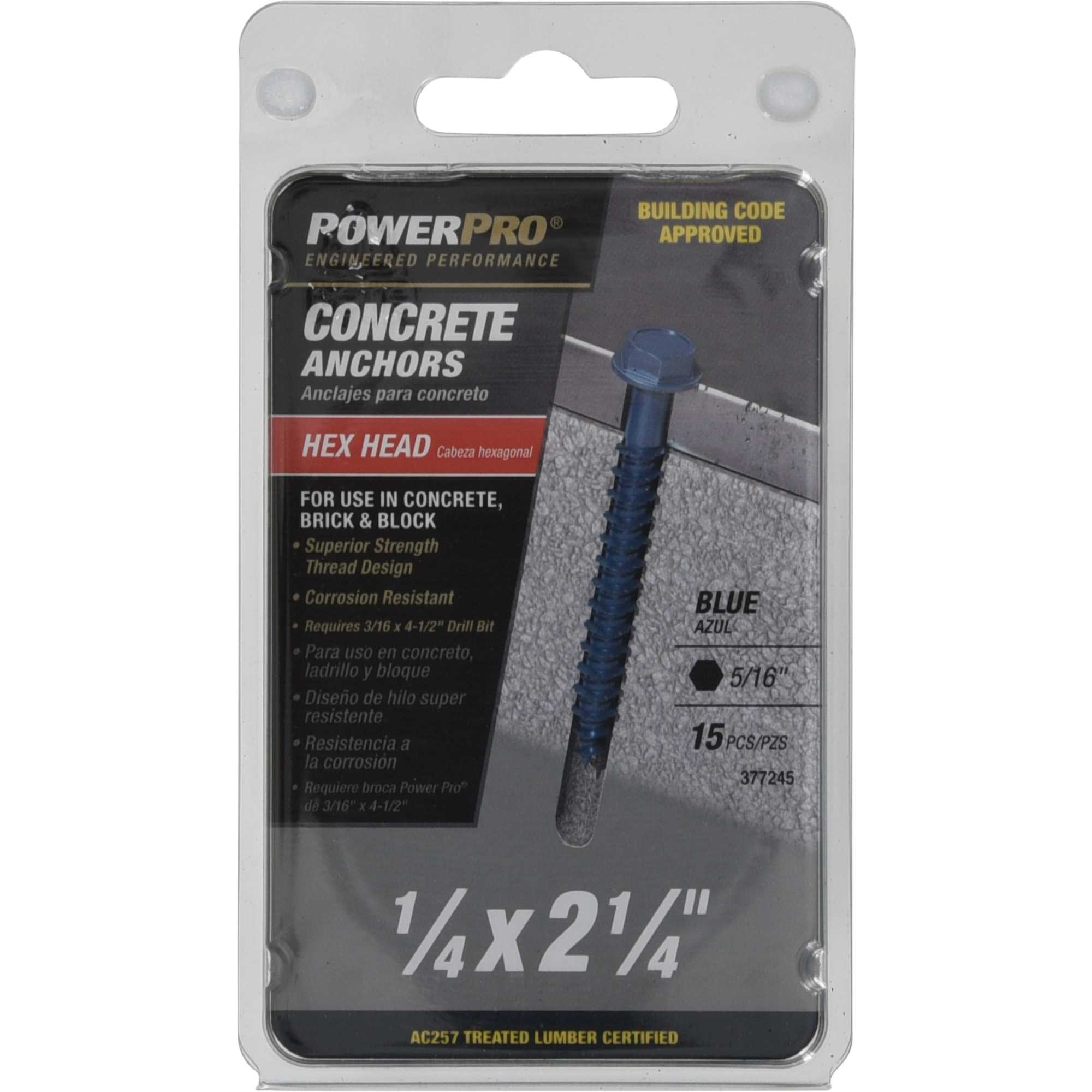 Power Pro Blue Hex Washer-Head Concrete Screw Anchor (1/4 in. x 2-1/4 in.) - 15 pc
