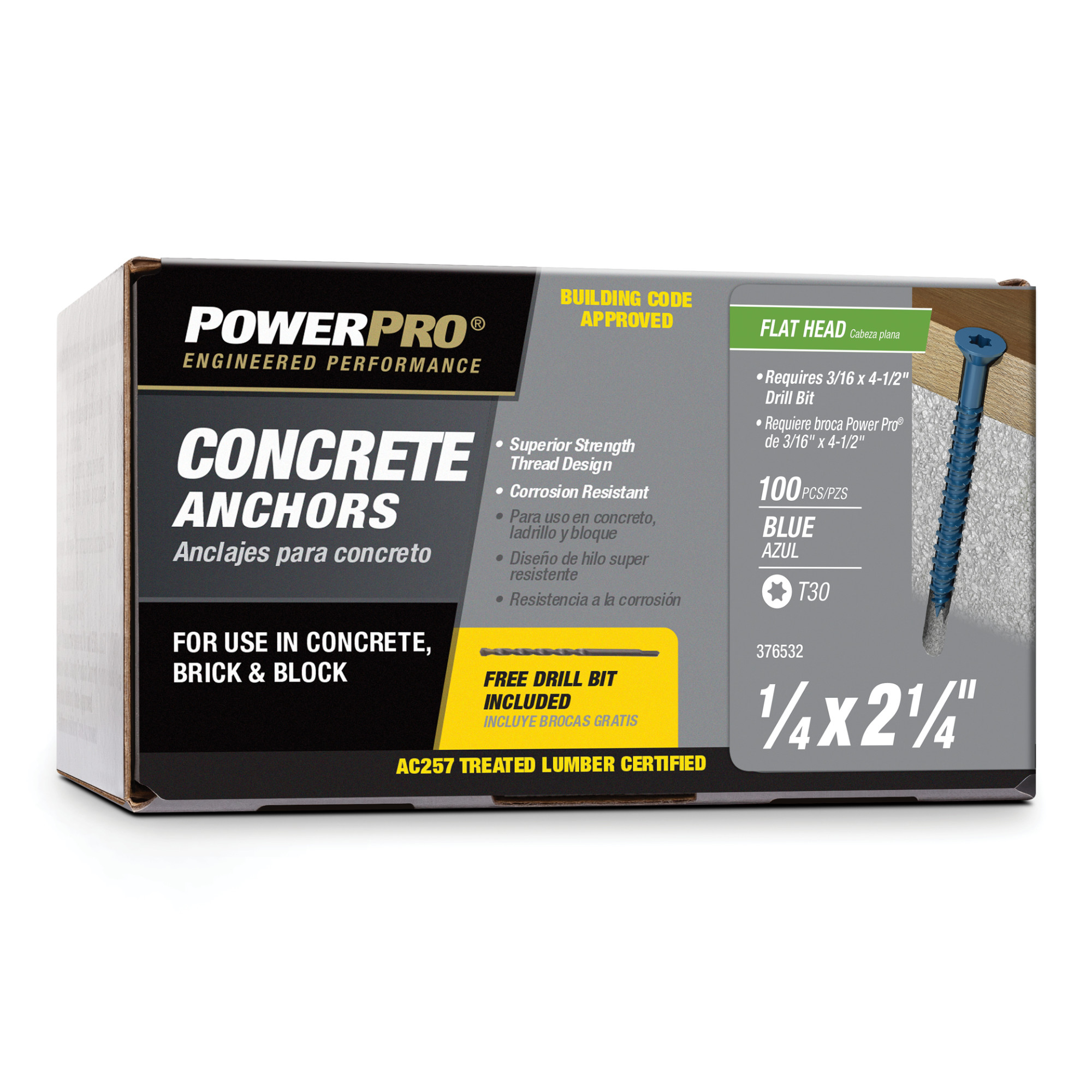 Power Pro Blue Flat-Head Concrete Screw Anchor (1/4 in. x 2-1/4 in.) - 100 pc