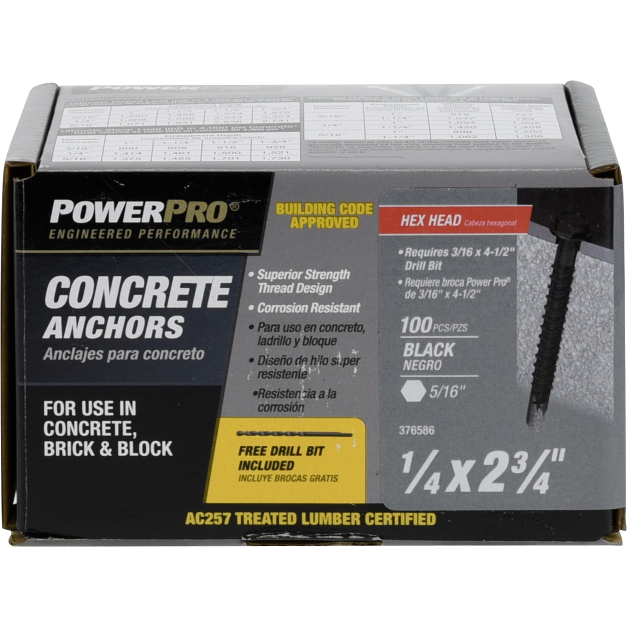 Power Pro Black Hex Washer-Head Concrete Screw Anchor (1/4 in. x 2-3/4 in.) - 100 pc