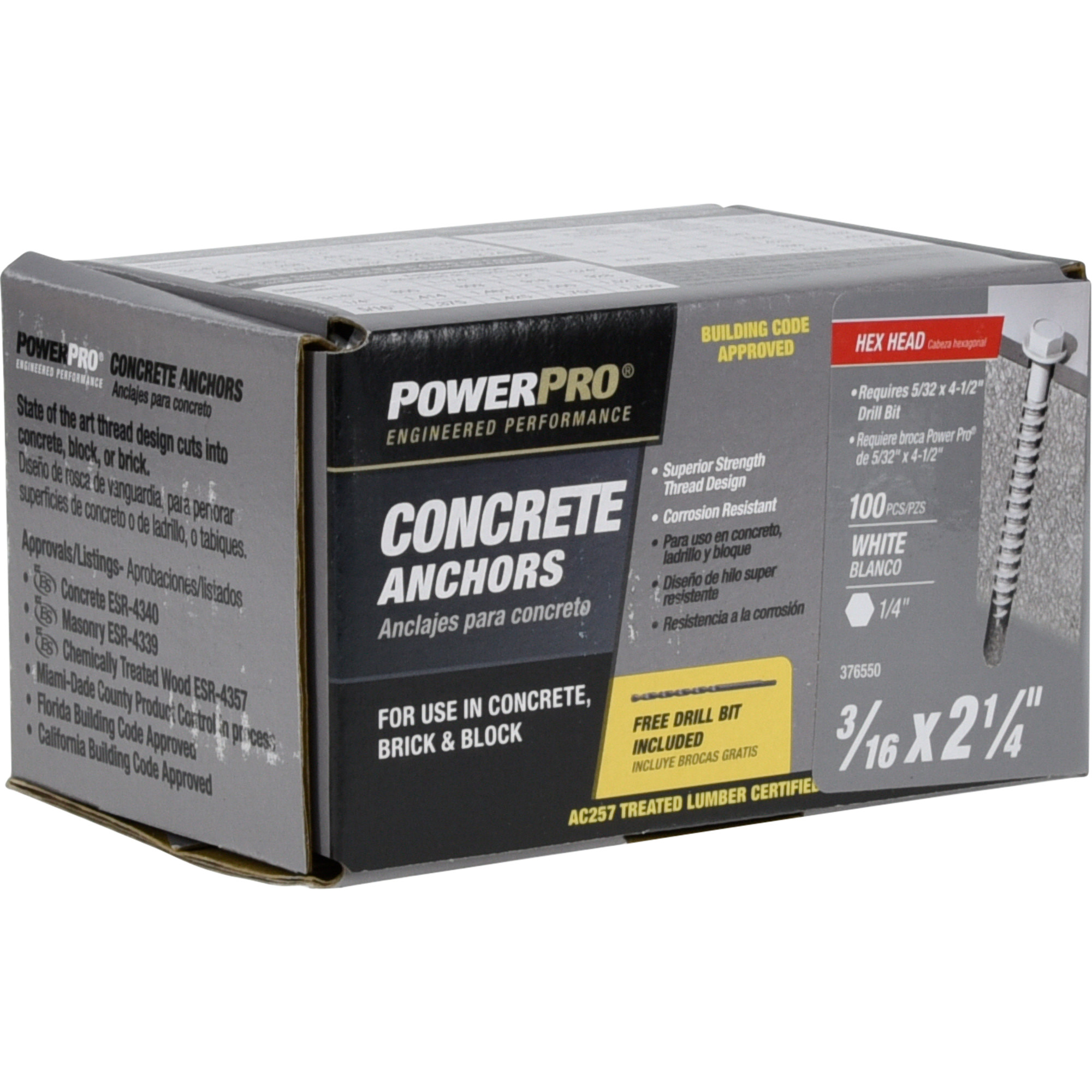 Power Pro White Hex Washer-Head Concrete Screw Anchor (3/16 in. x 2-1/4 in.) - 100 pc