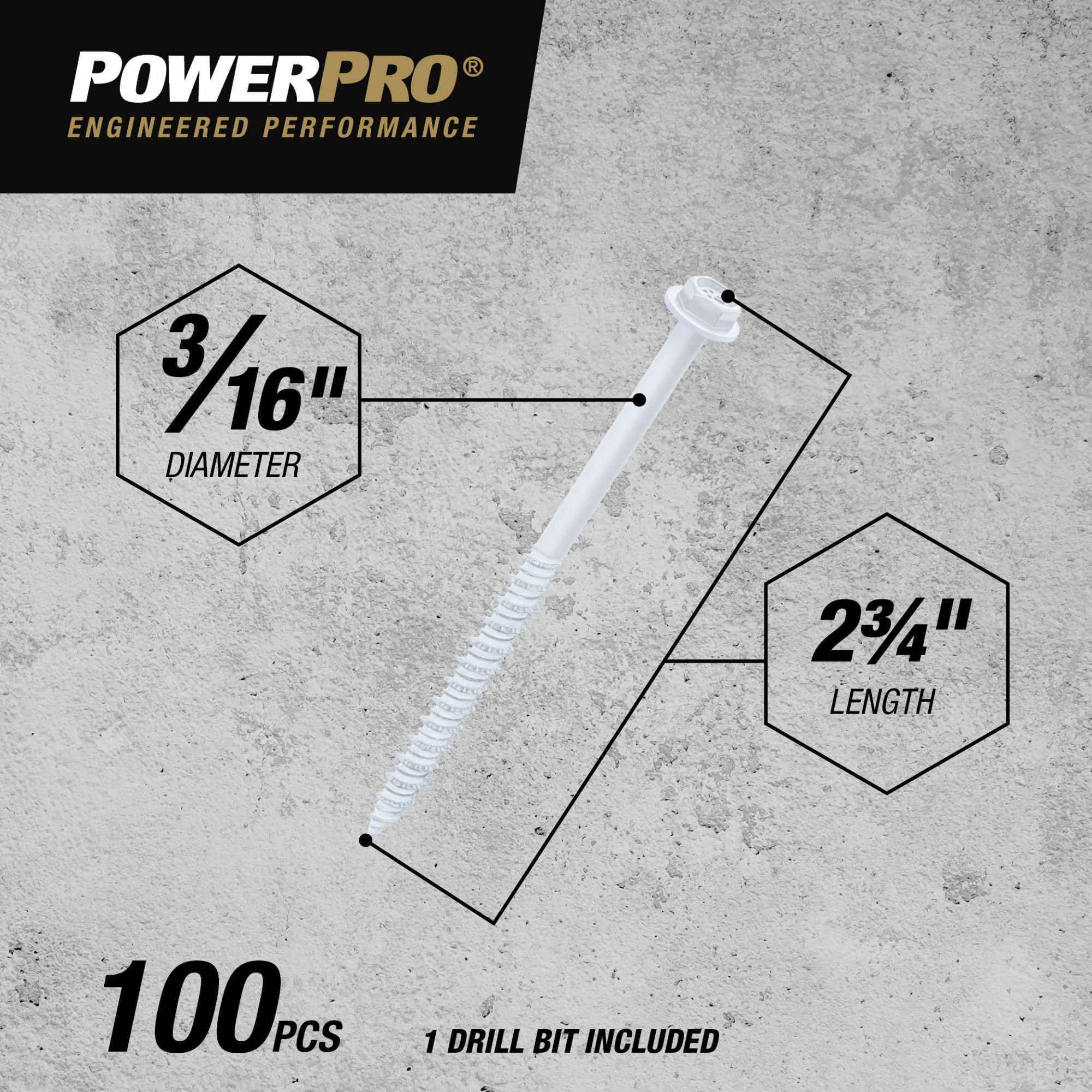 Power Pro White Hex Washer-Head Concrete Screw Anchor (3/16 in. x 2-3/4 in.) - 100 pc