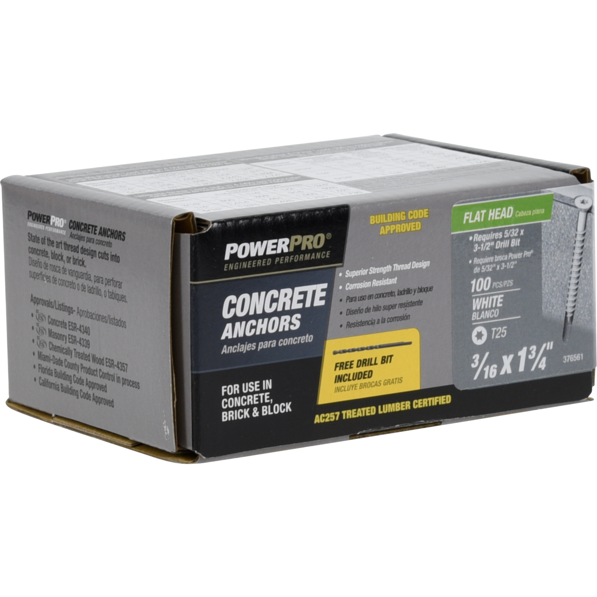 Power Pro White Flat-Head Concrete Screw Anchor (3/16 in. x 1-3/4 in.) - 100 pc