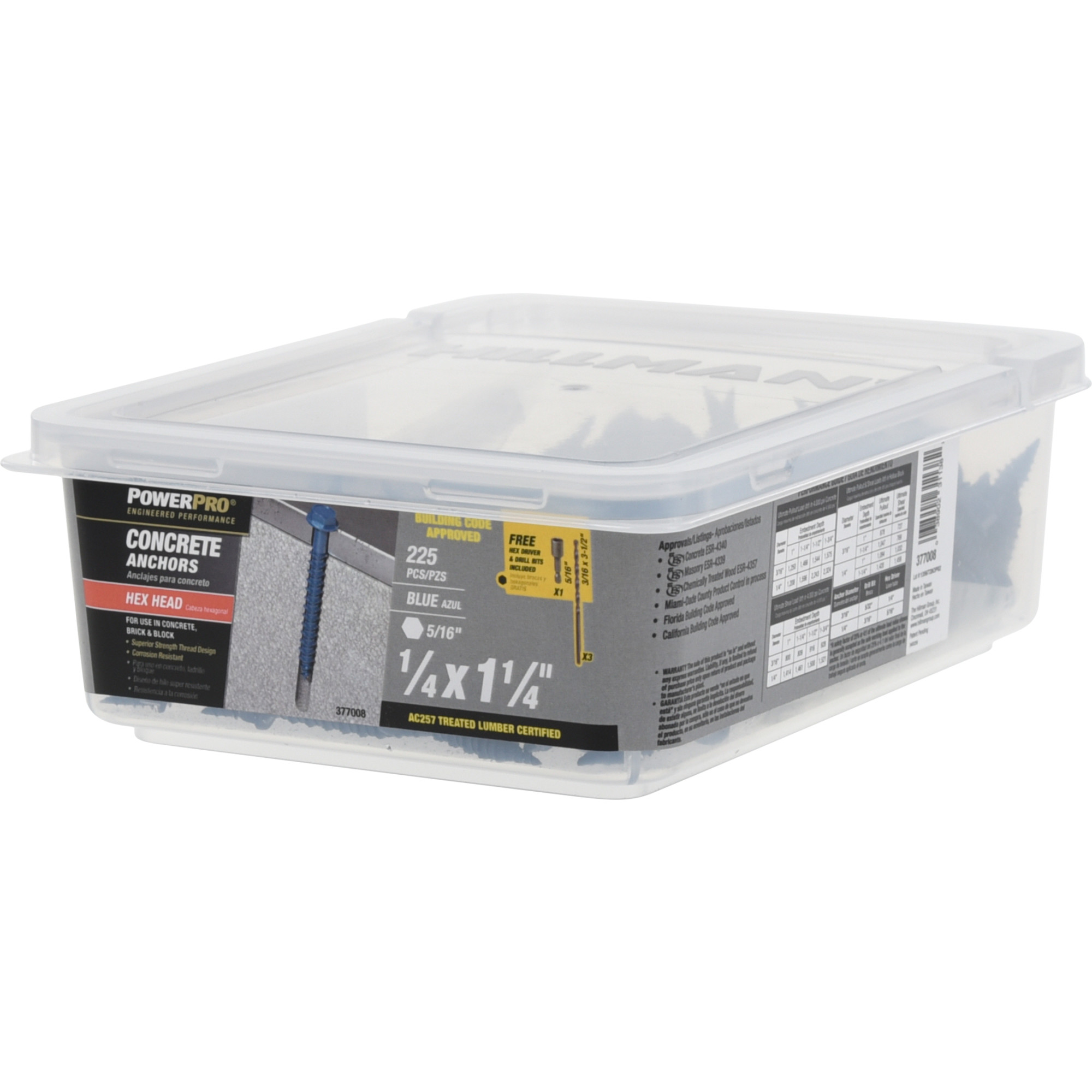 Power Pro Blue Hex Washer-Head Concrete Screw Anchor (1/4 in. x 1-1/4 in.) - 225 pc