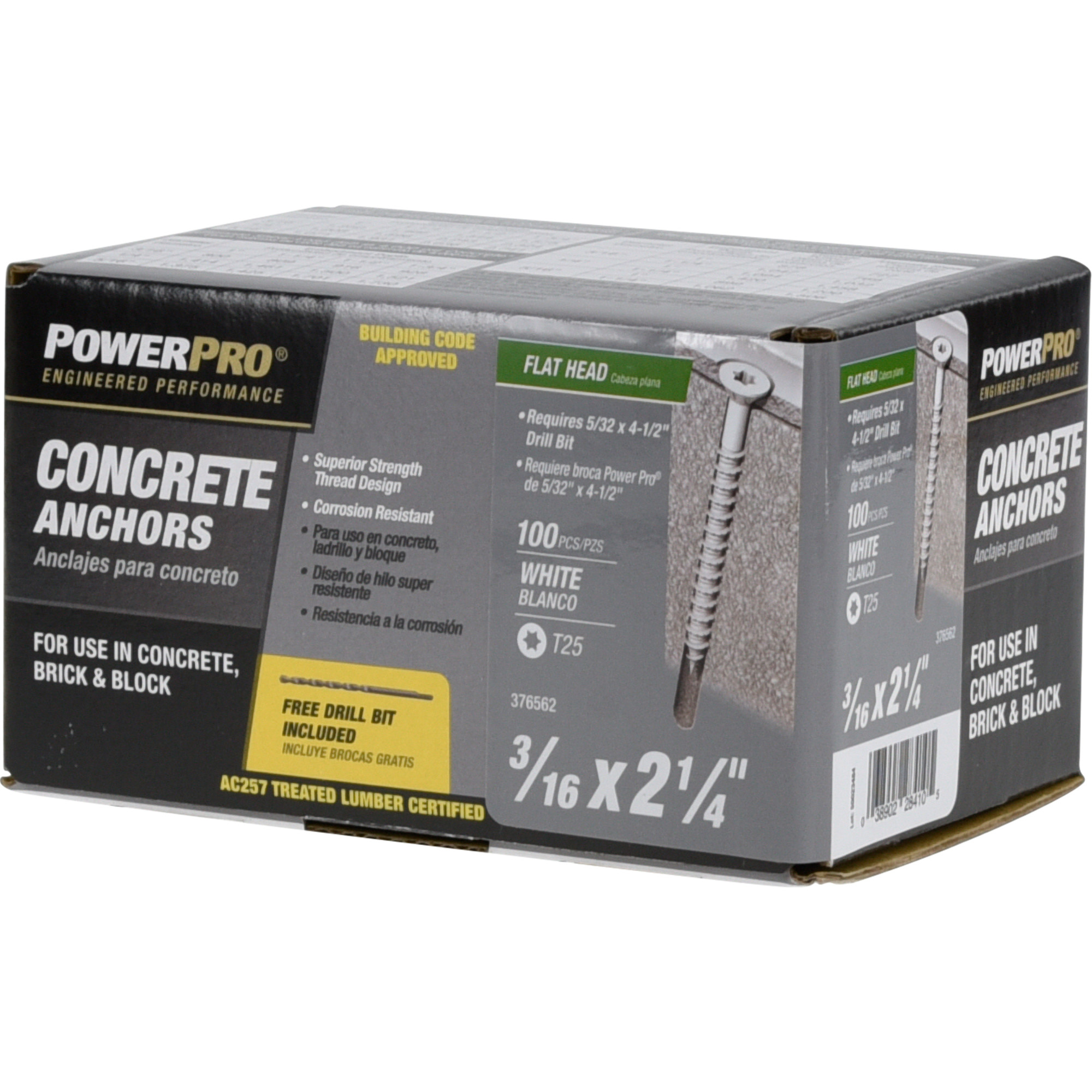 Power Pro White Flat-Head Concrete Screw Anchor (3/16 in. x 2-1/4 in.) - 100 pc