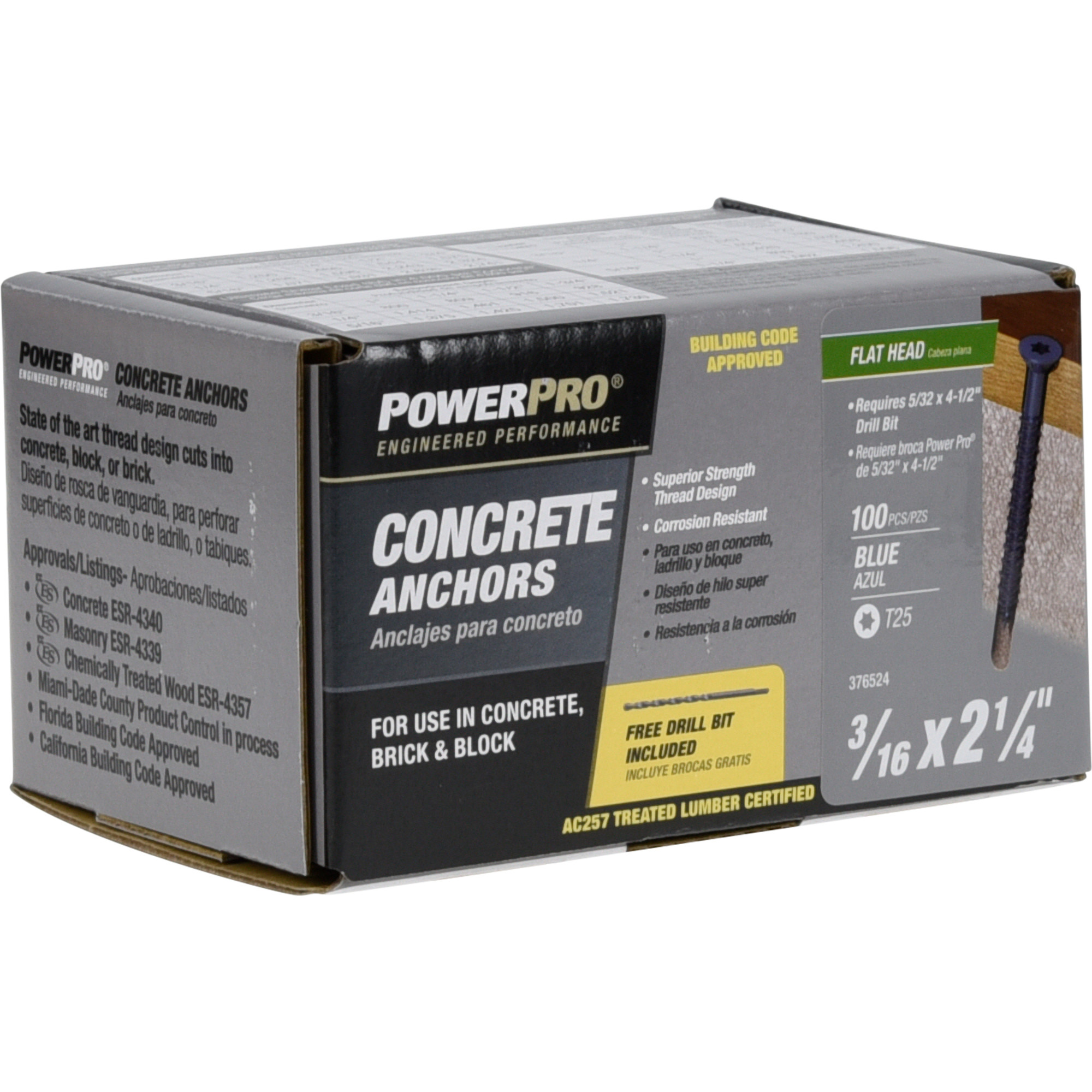 Power Pro Blue Flat-Head Concrete Screw Anchor (3/16 in. x 2-1/4 in.) - 100 pc