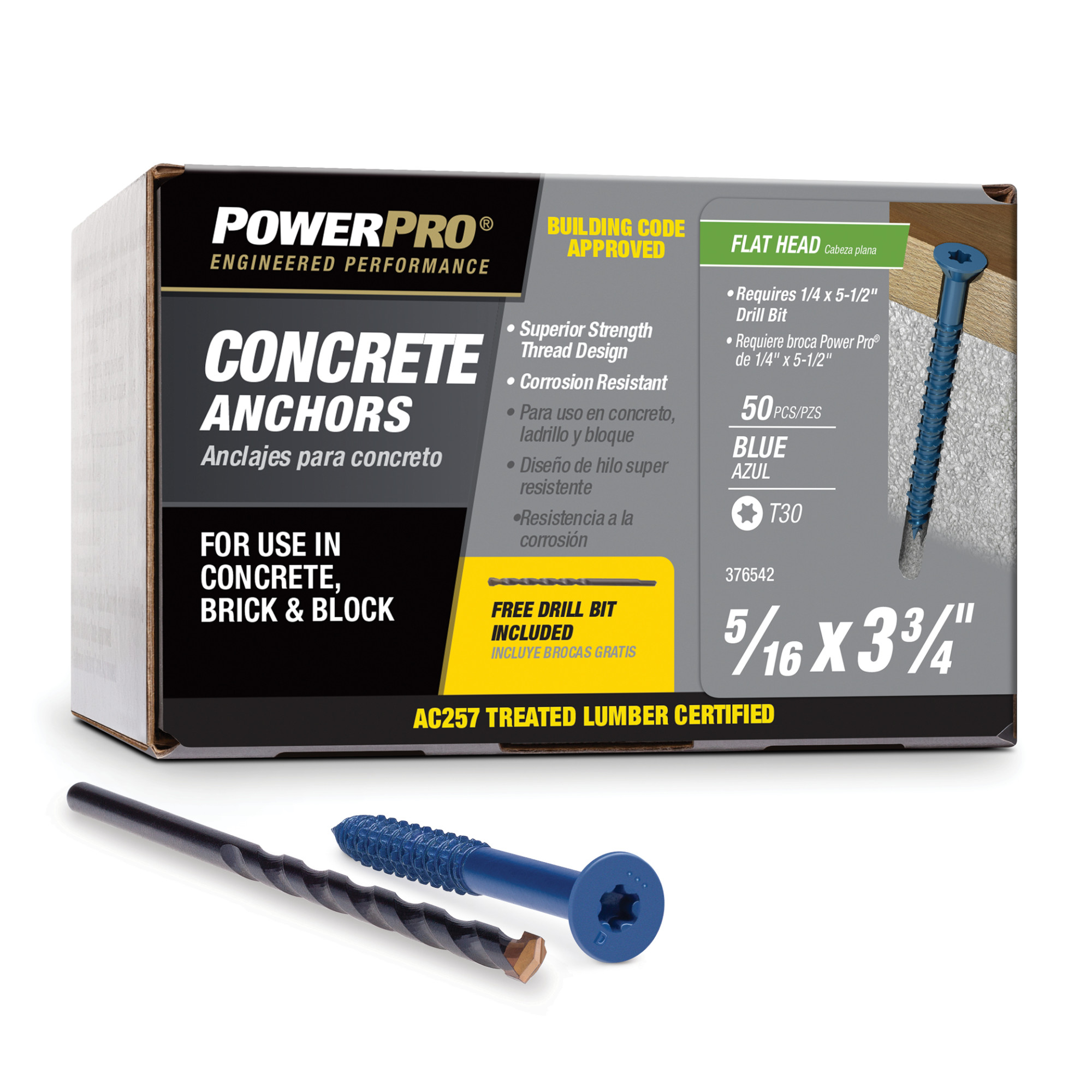Power Pro Blue Flat-Head Concrete Screw Anchor (5/16 in. x 3-3/4 in.) - 50 pc