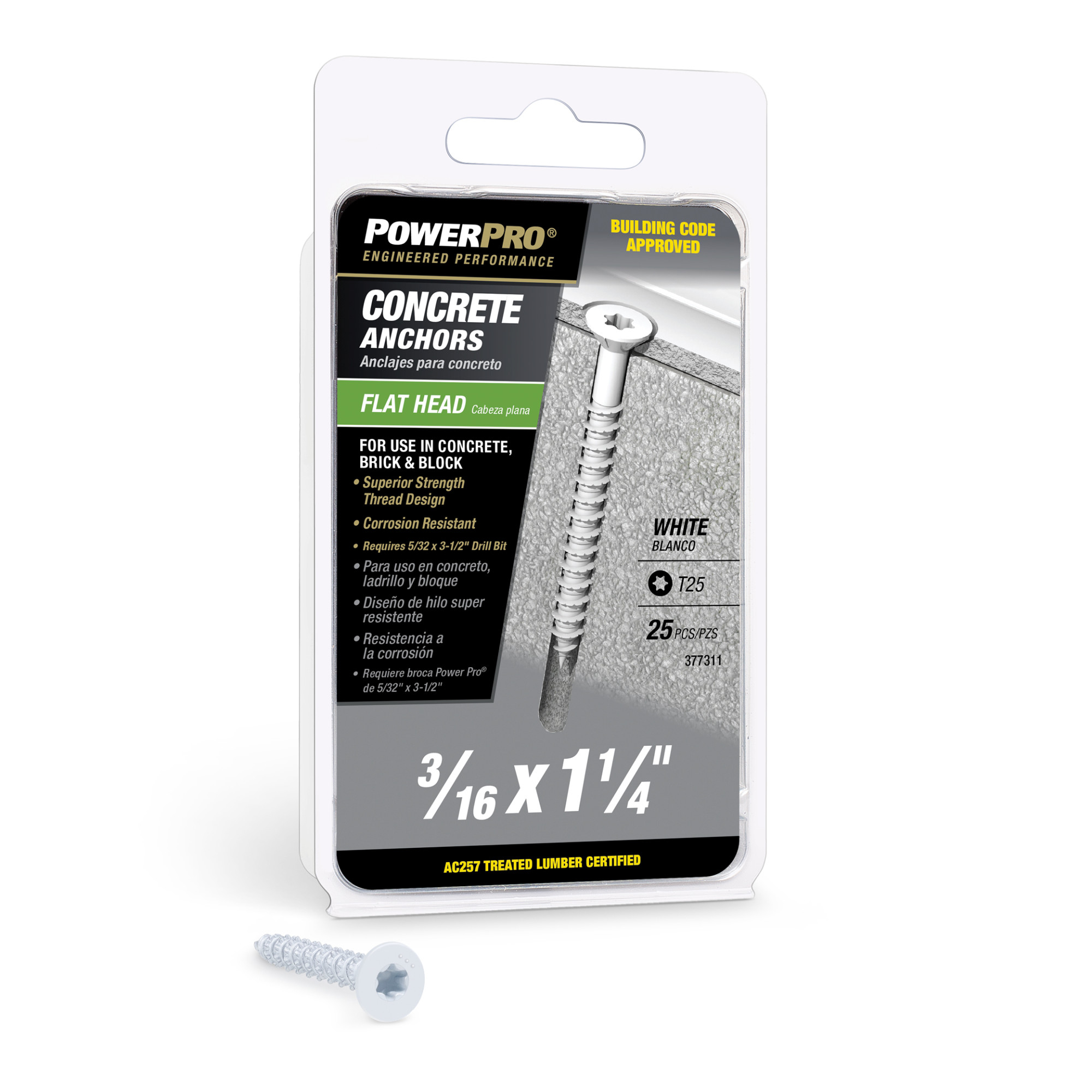 Power Pro White Flat-Head Concrete Screw Anchor (3/16 in. x 1-1/4 in.) - 25 pc