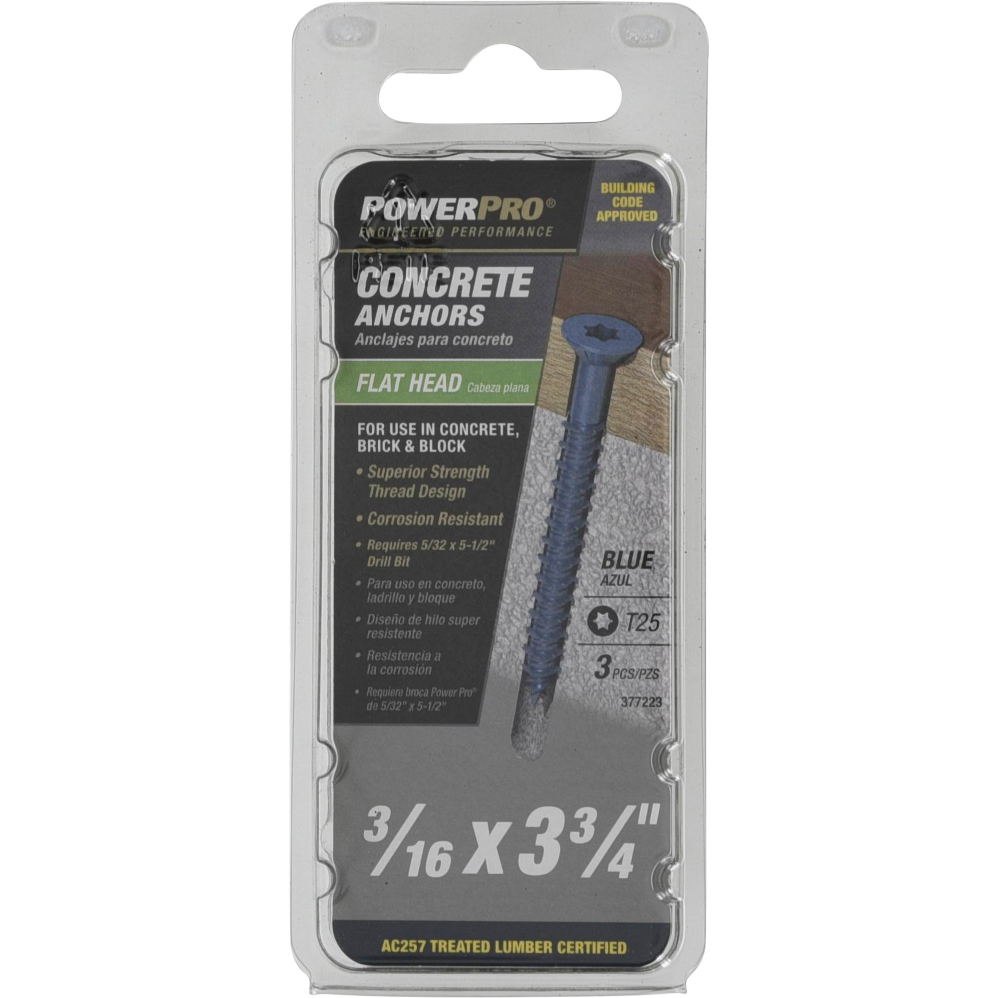 Power Pro Blue Flat-Head Concrete Screw Anchor (3/16 in. x 3-3/4 in.) - 3 pc