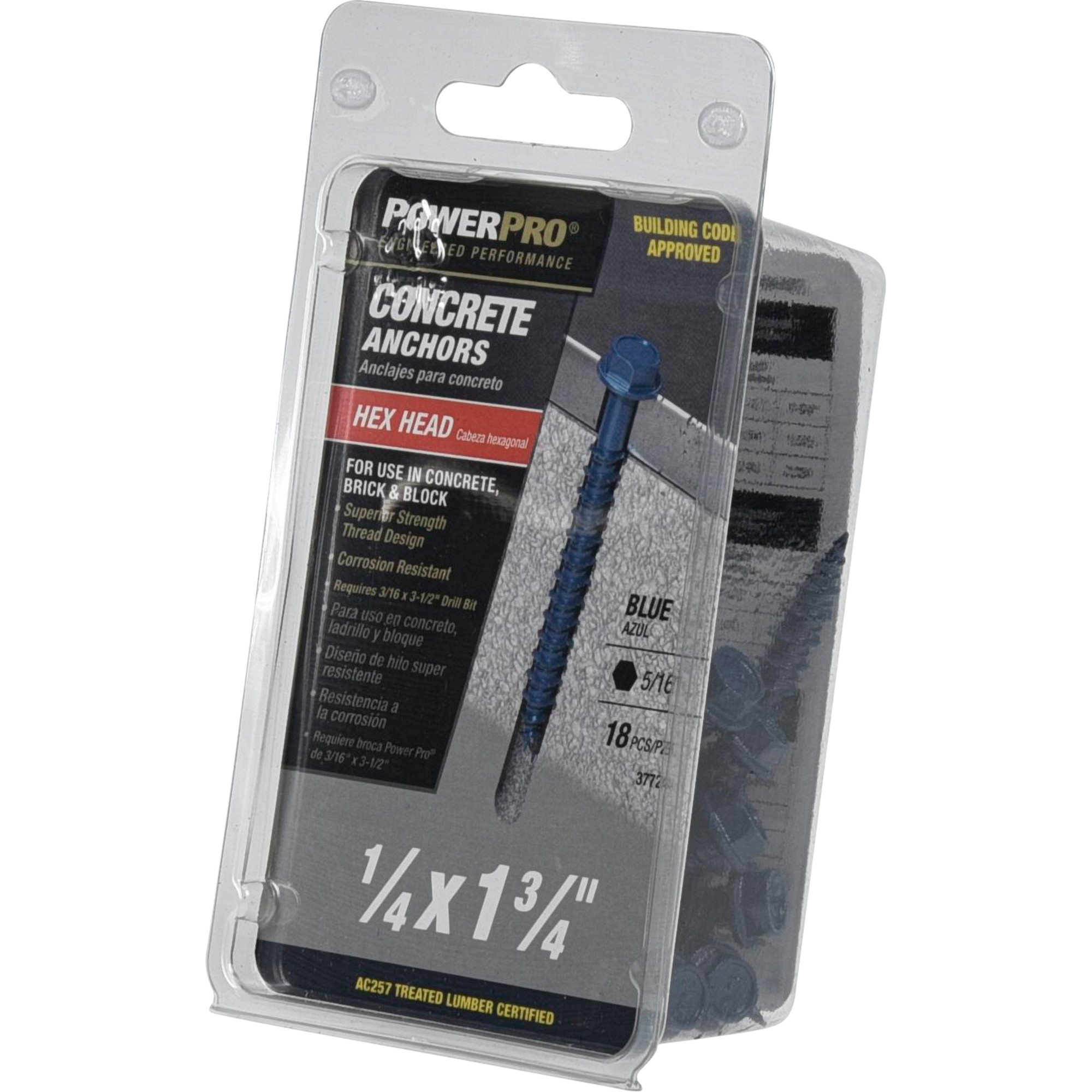 Power Pro Blue Hex Washer-Head Concrete Screw Anchor (1/4 in. x 1-3/4 in.) - 18 pc