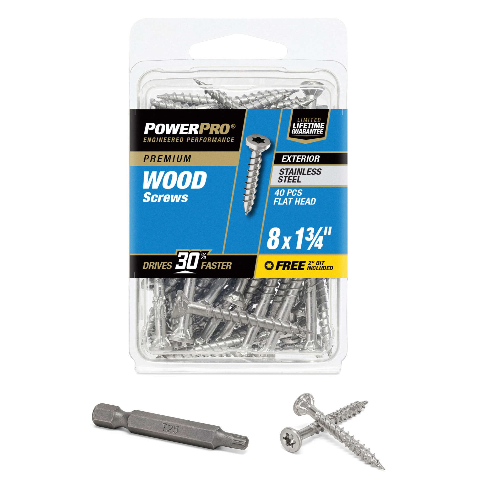 Power Pro Premium 305 Stainless Steel Wood Screws (#8 x 1-3/4 in.) - 40 pc