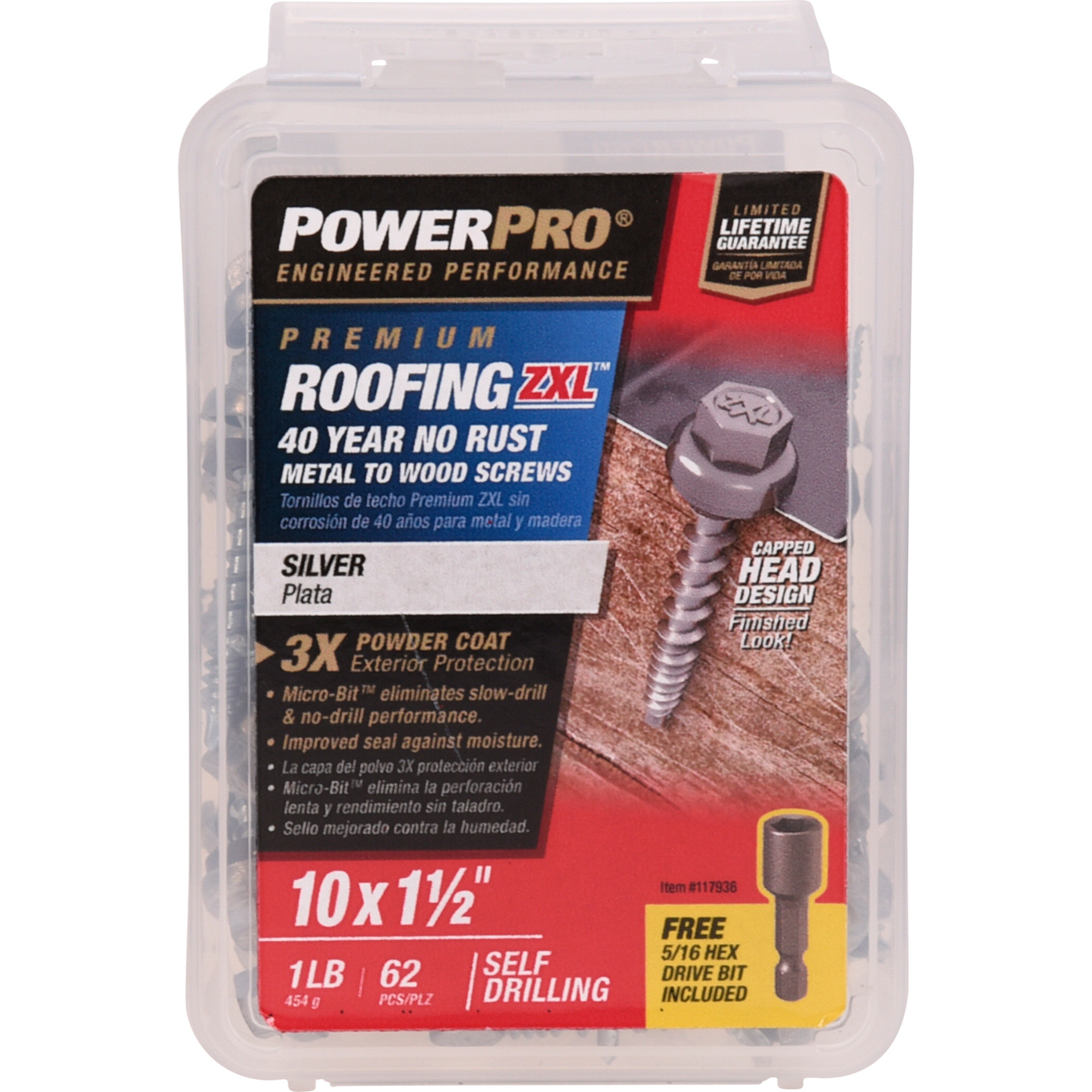 Power Pro Silver Self Drilling Metal-to-Wood Roofing Screws (#10 x 1-1/2 in.)-62 pc