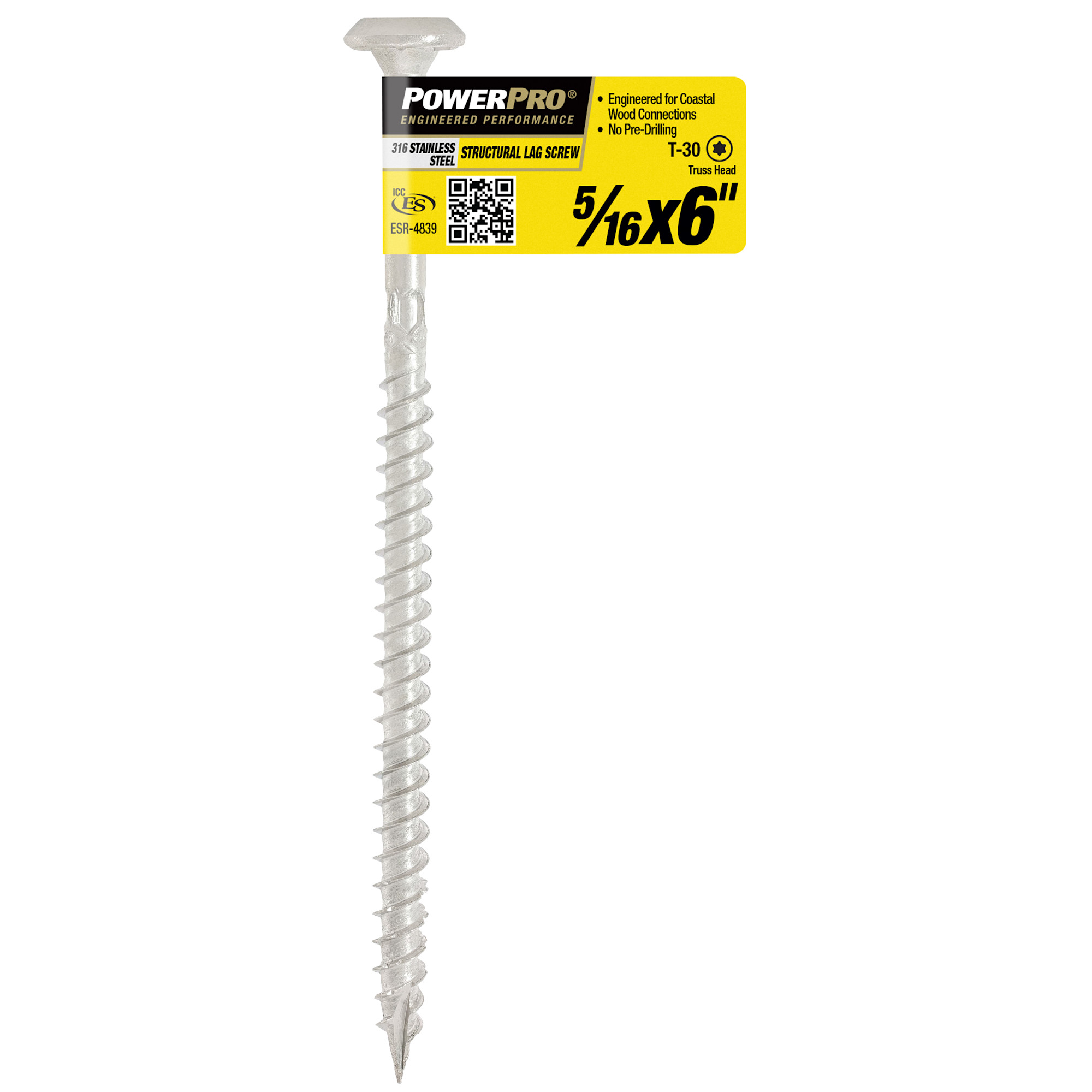 Power Pro 316SS Stainless Steel Structural Lag Screws (5/16 in. x 6 in.) - 1pc