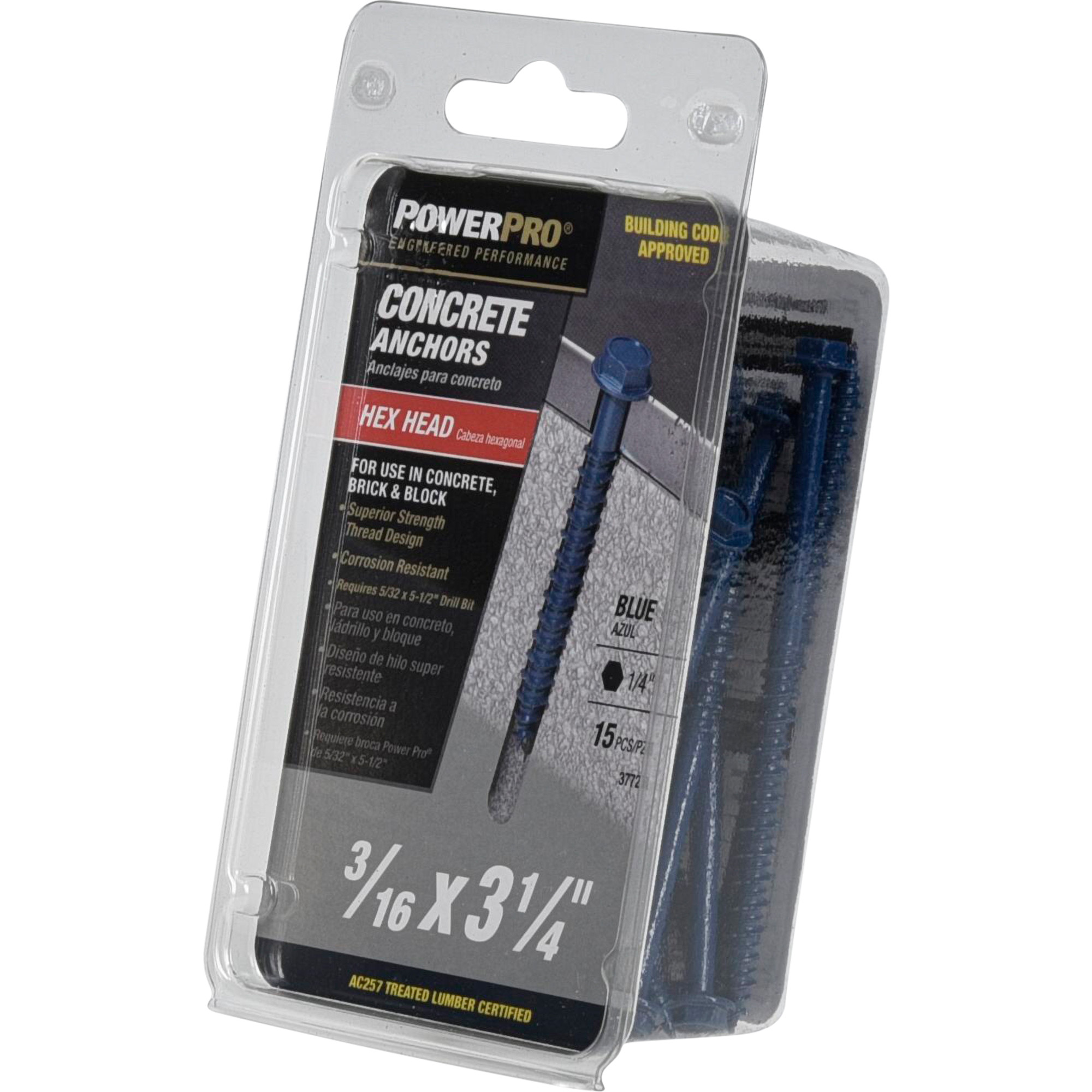 Power Pro Blue Hex Washer-Head Concrete Screw Anchor (3/16 in. x 3-1/4 in.) - 15 pc