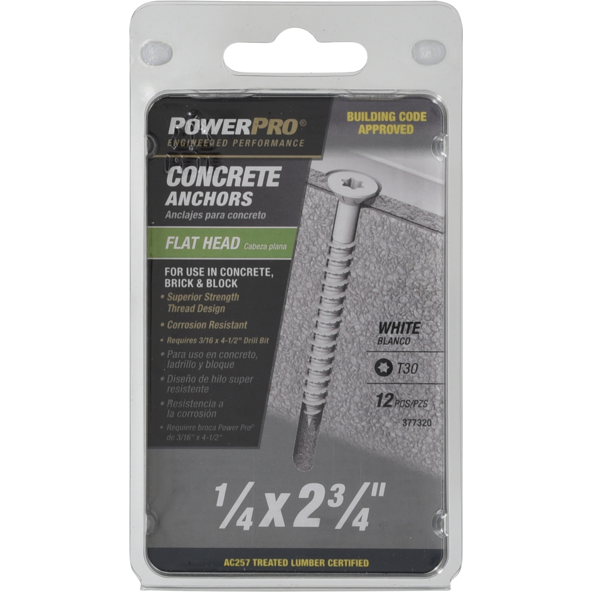 Power Pro White Flat-Head Concrete Screw Anchor (1/4 in. x 2-3/4 in.) - 12 pc