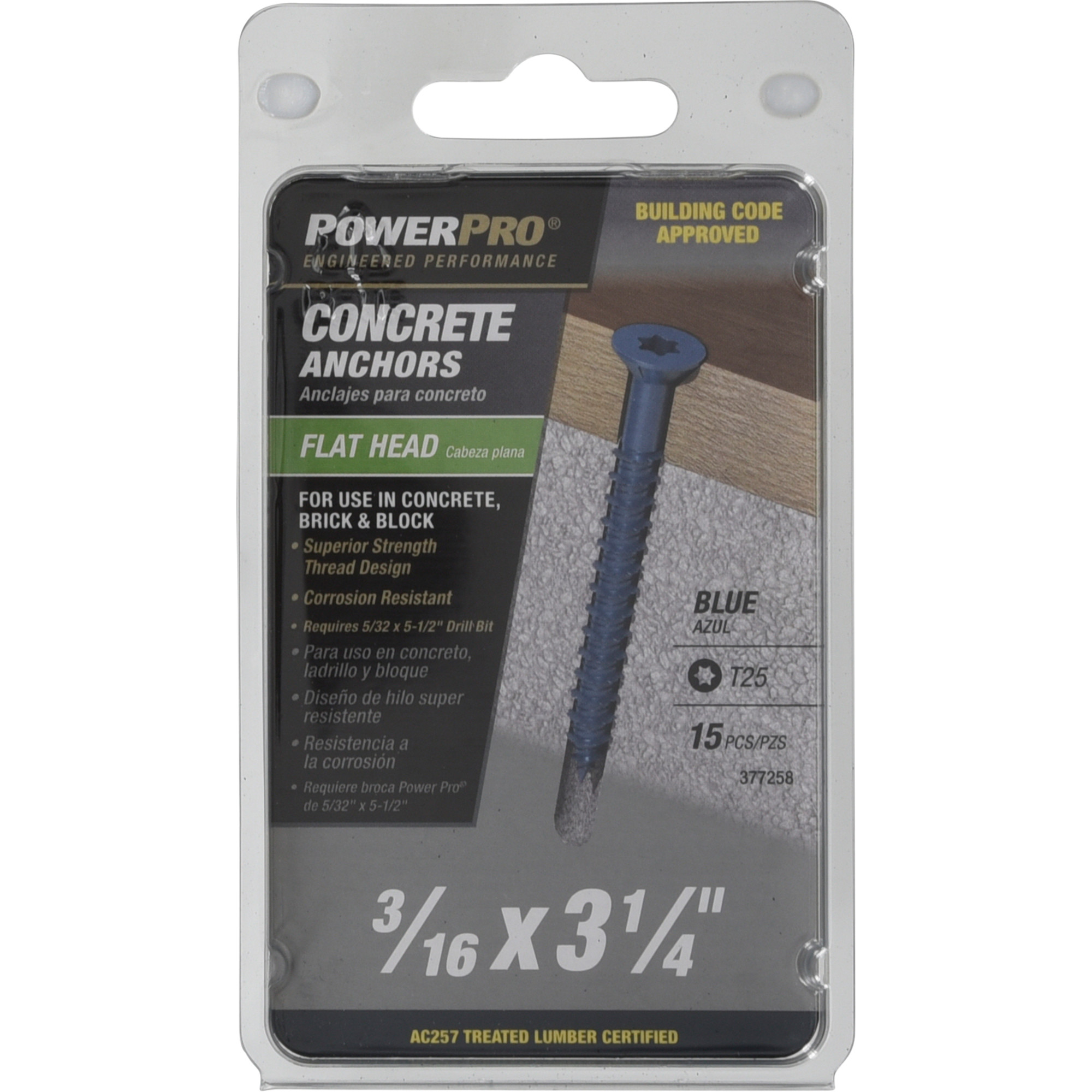 Power Pro Blue Flat-Head Concrete Screw Anchor (3/16 in. x 3-1/4 in.) - 15 pc
