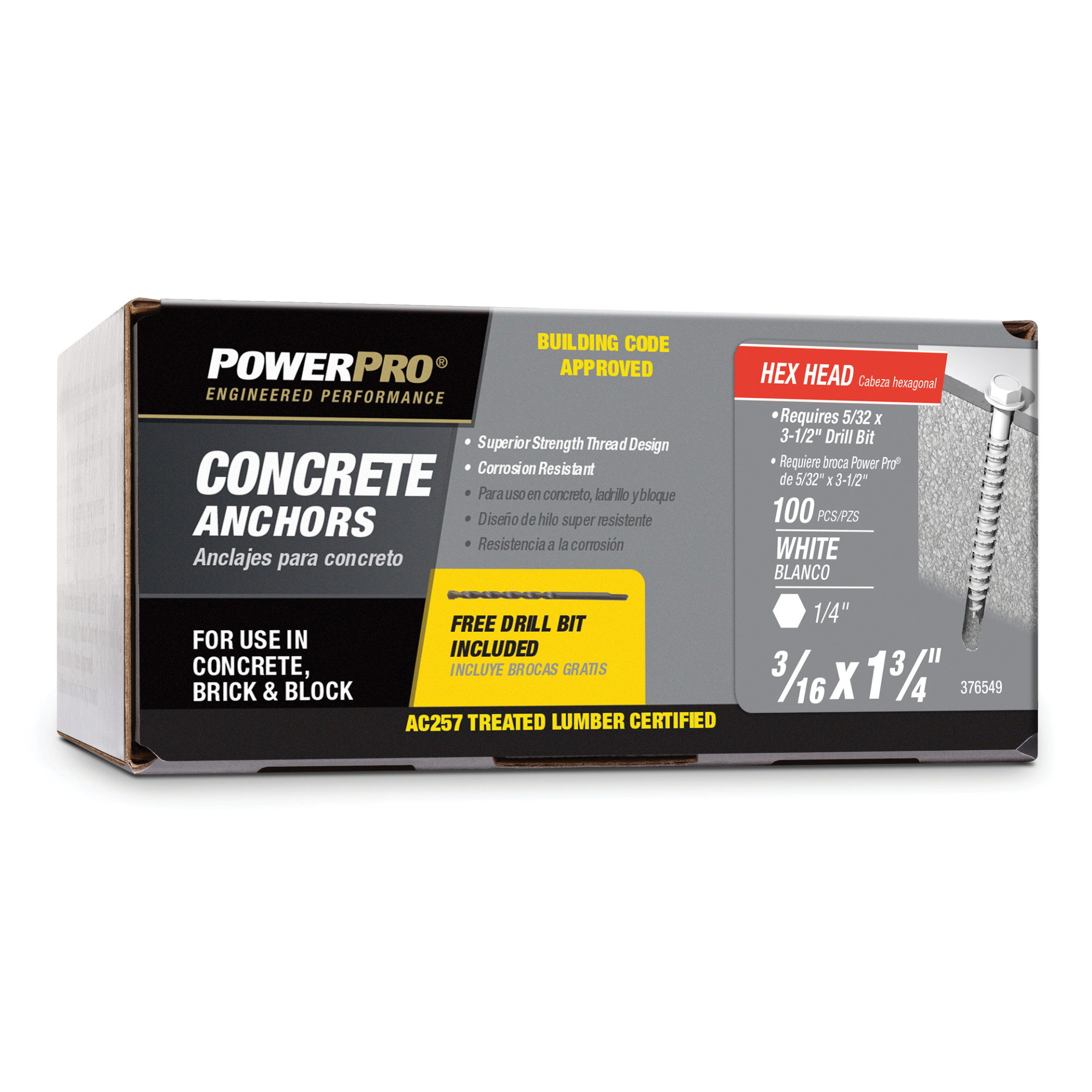 Power Pro White Hex Washer-Head Concrete Screw Anchor (3/16 in. x 1-3/4 in.) - 100 pc