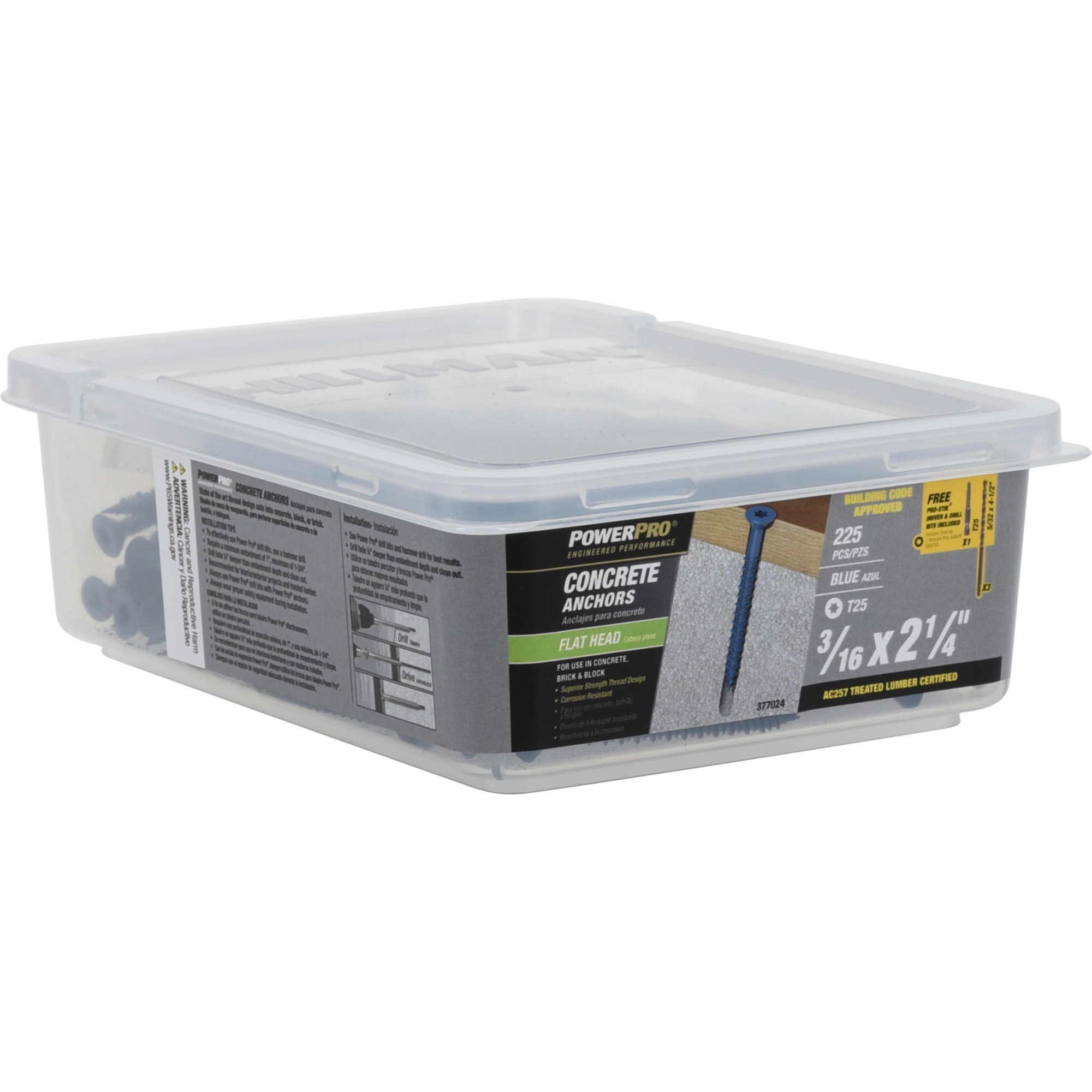 Power Pro Blue Flat-Head Concrete Screw Anchor (3/16 in. x 2-1/4 in.) - 225 pc