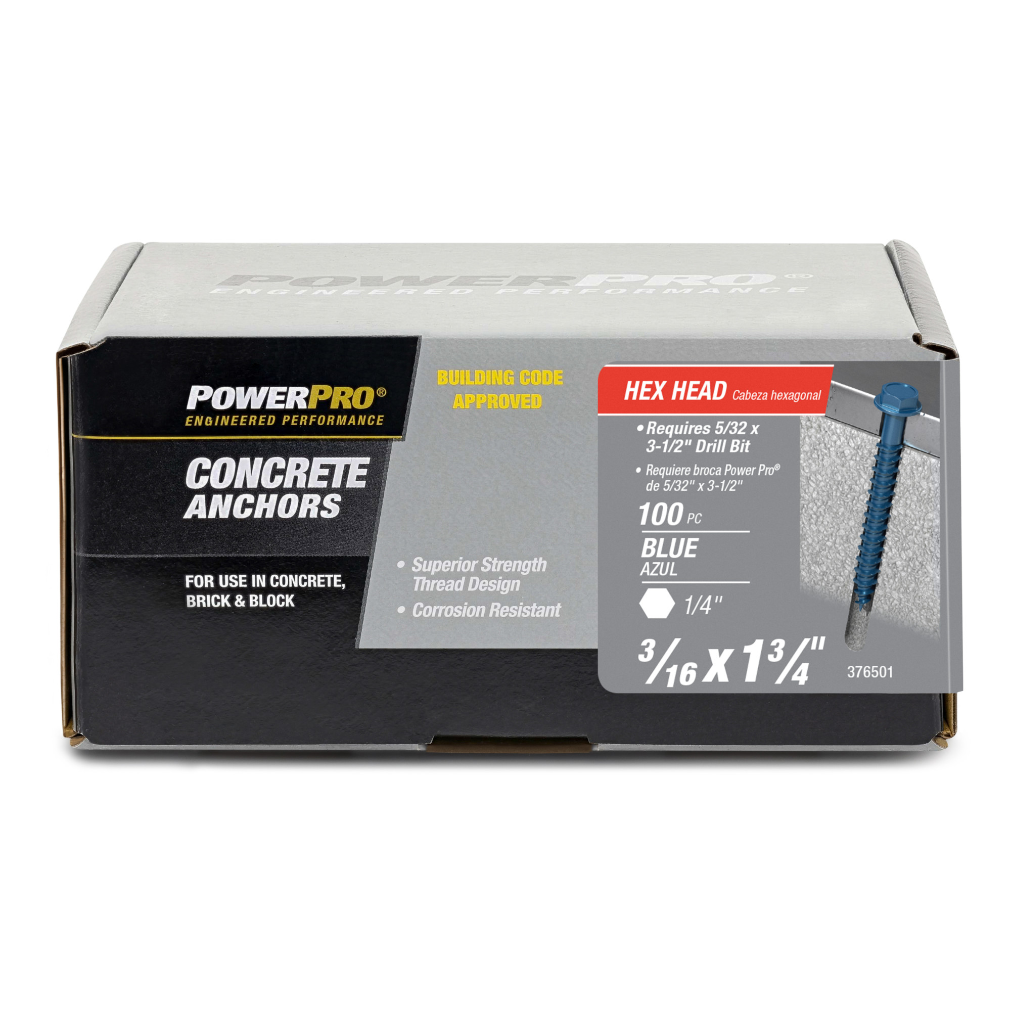 Power Pro Blue Hex Washer-Head Concrete Screw Anchor (3/16 in. x 1-3/4 in.) - 100 pc