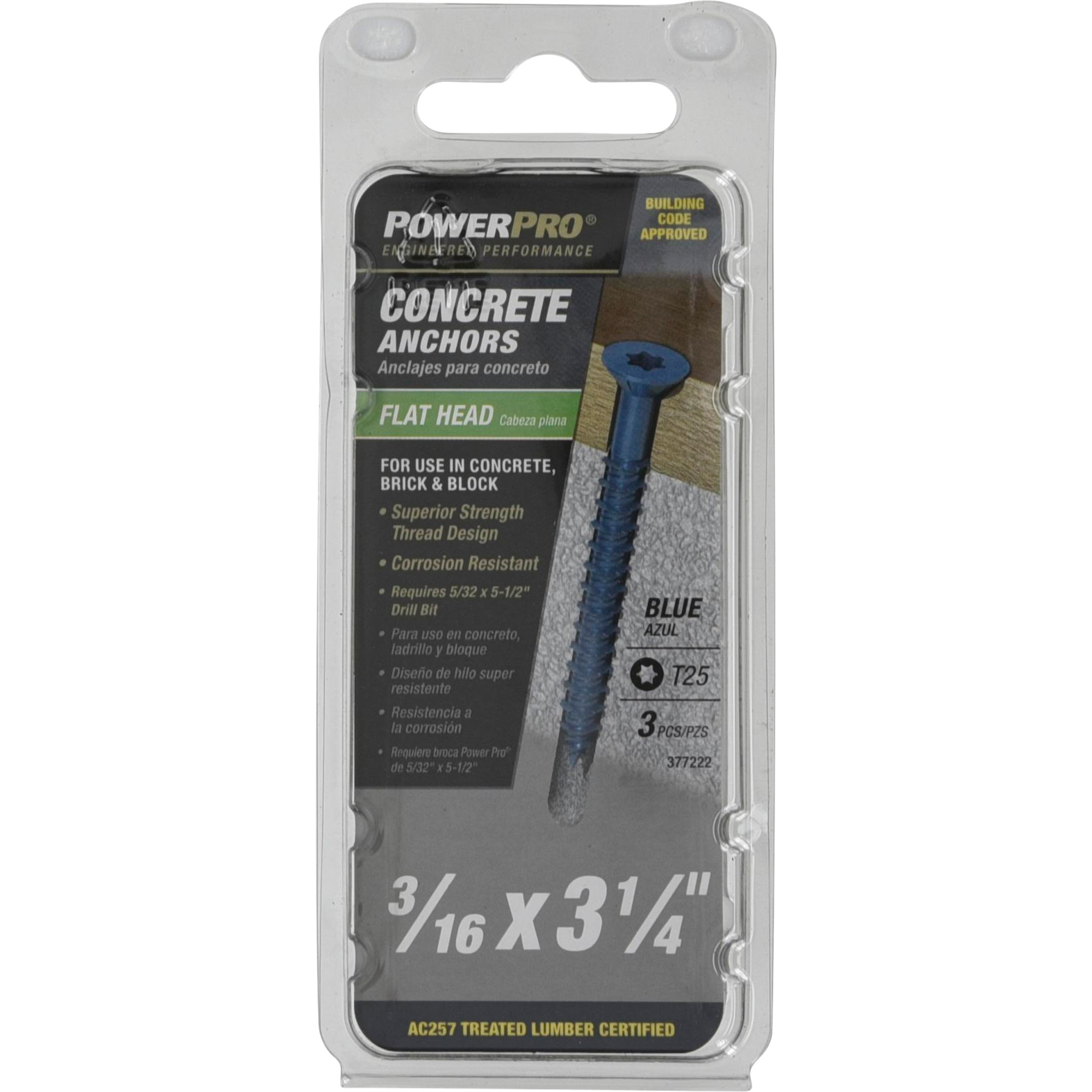 Power Pro Blue Flat-Head Concrete Screw Anchor (3/16 in. x 3-1/4 in.) - 3 pc