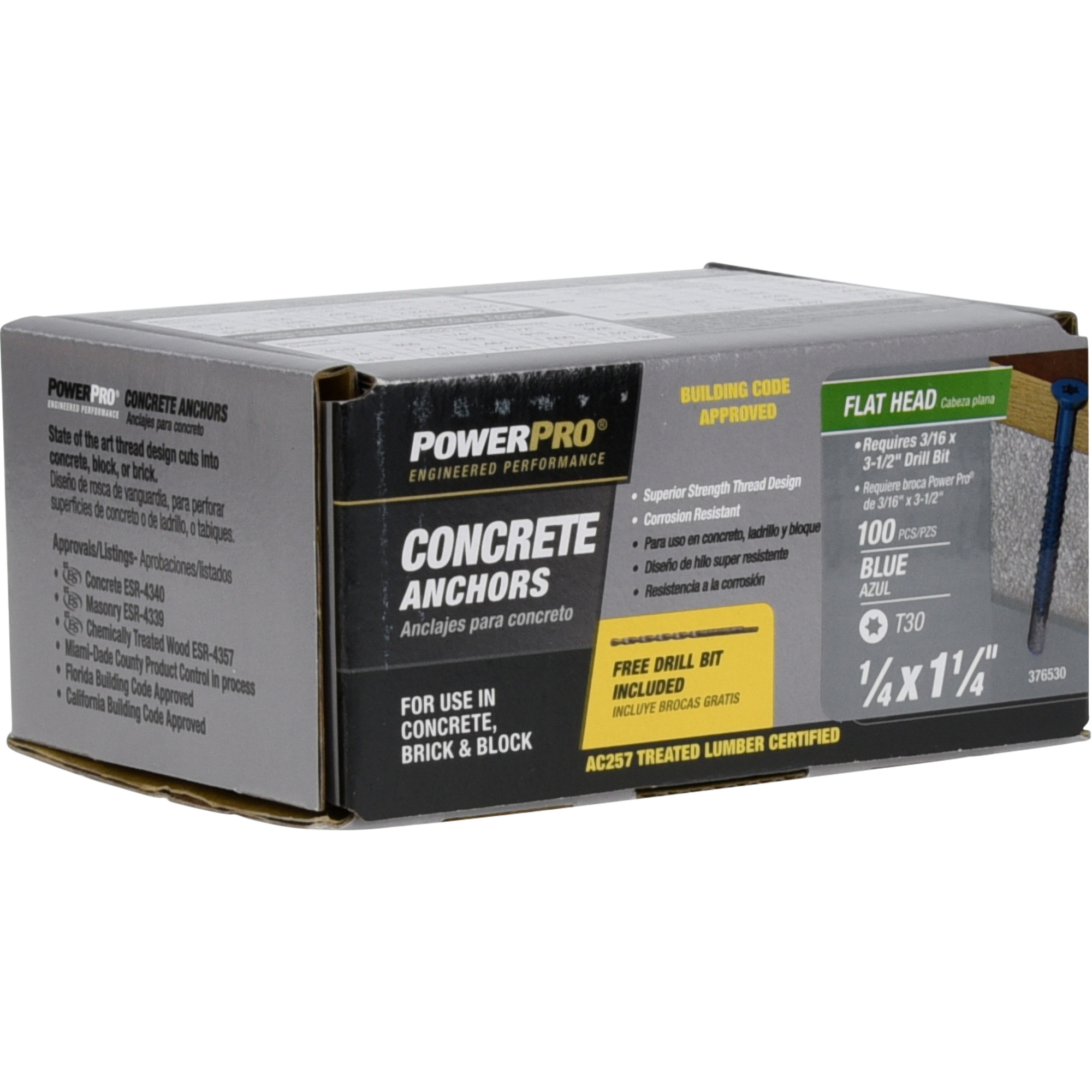 Power Pro Blue Flat-Head Concrete Screw Anchor (1/4 in. x 1-1/4 in.) - 100 pc