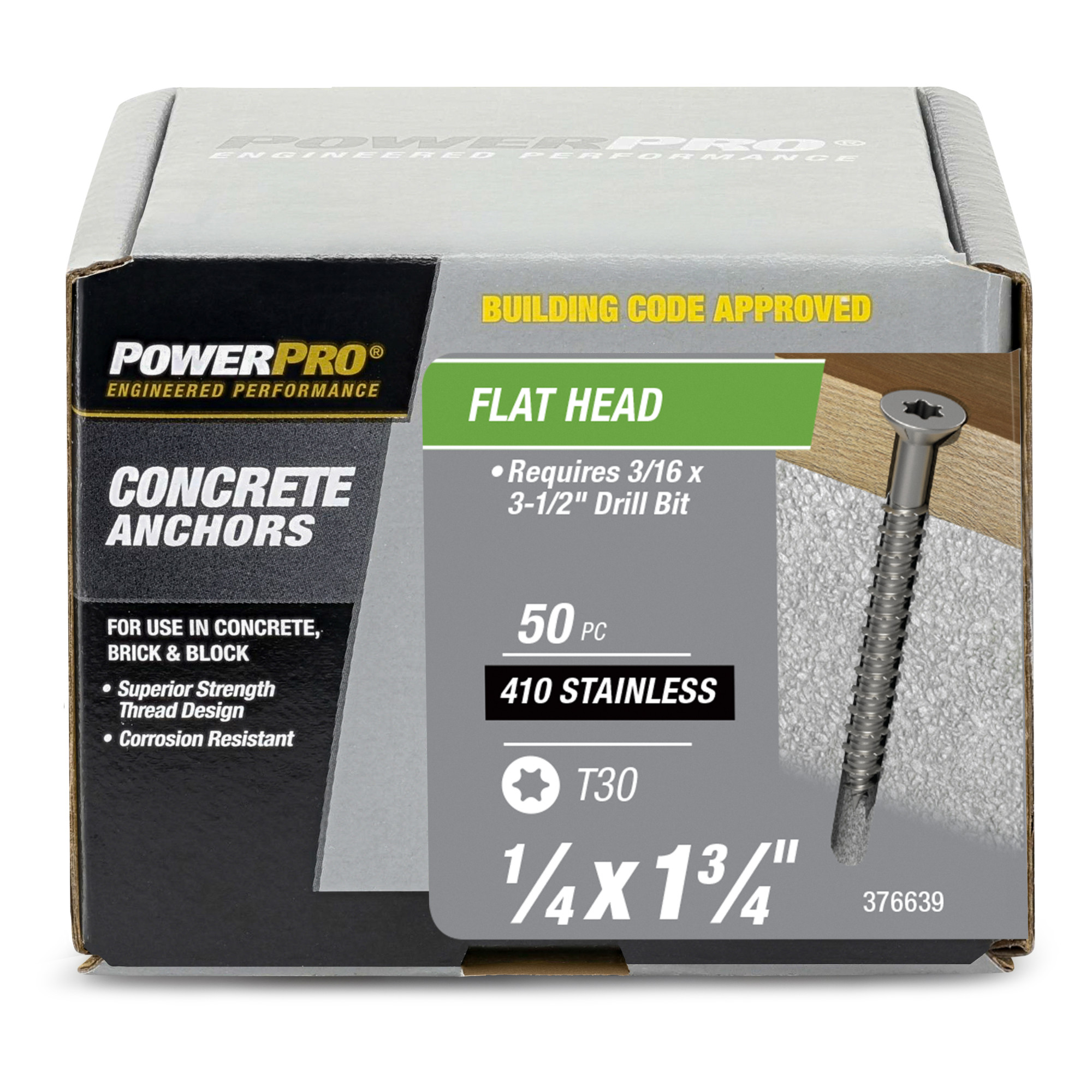 Power Pro 410 Stainless Flat Concrete Screw Anchor (1/4 in. x 1-3/4 in.) 100 pc