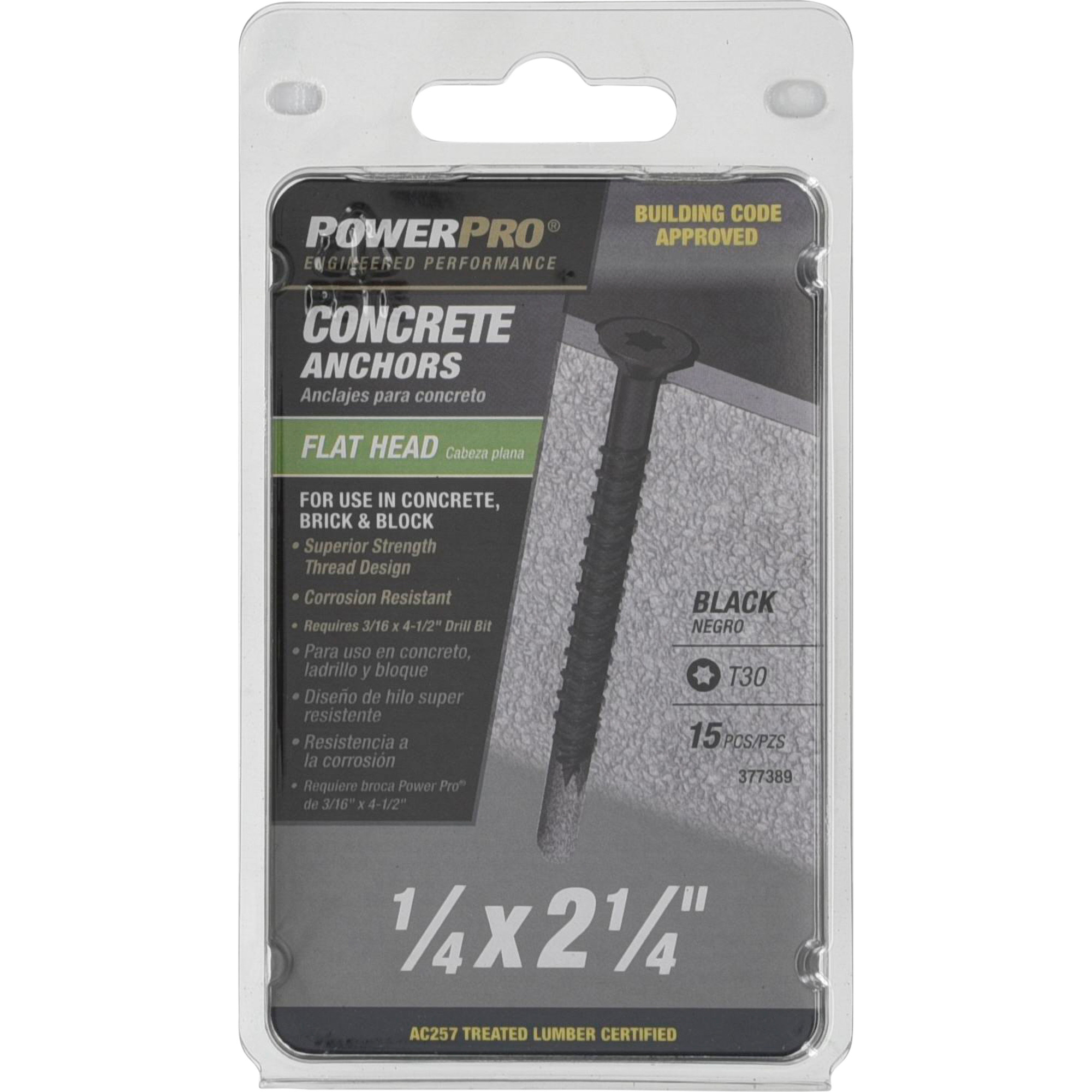 Power Pro Black Flat-Head Concrete Screw Anchor (1/4 in. x 2-1/4 in.) - 15 pc