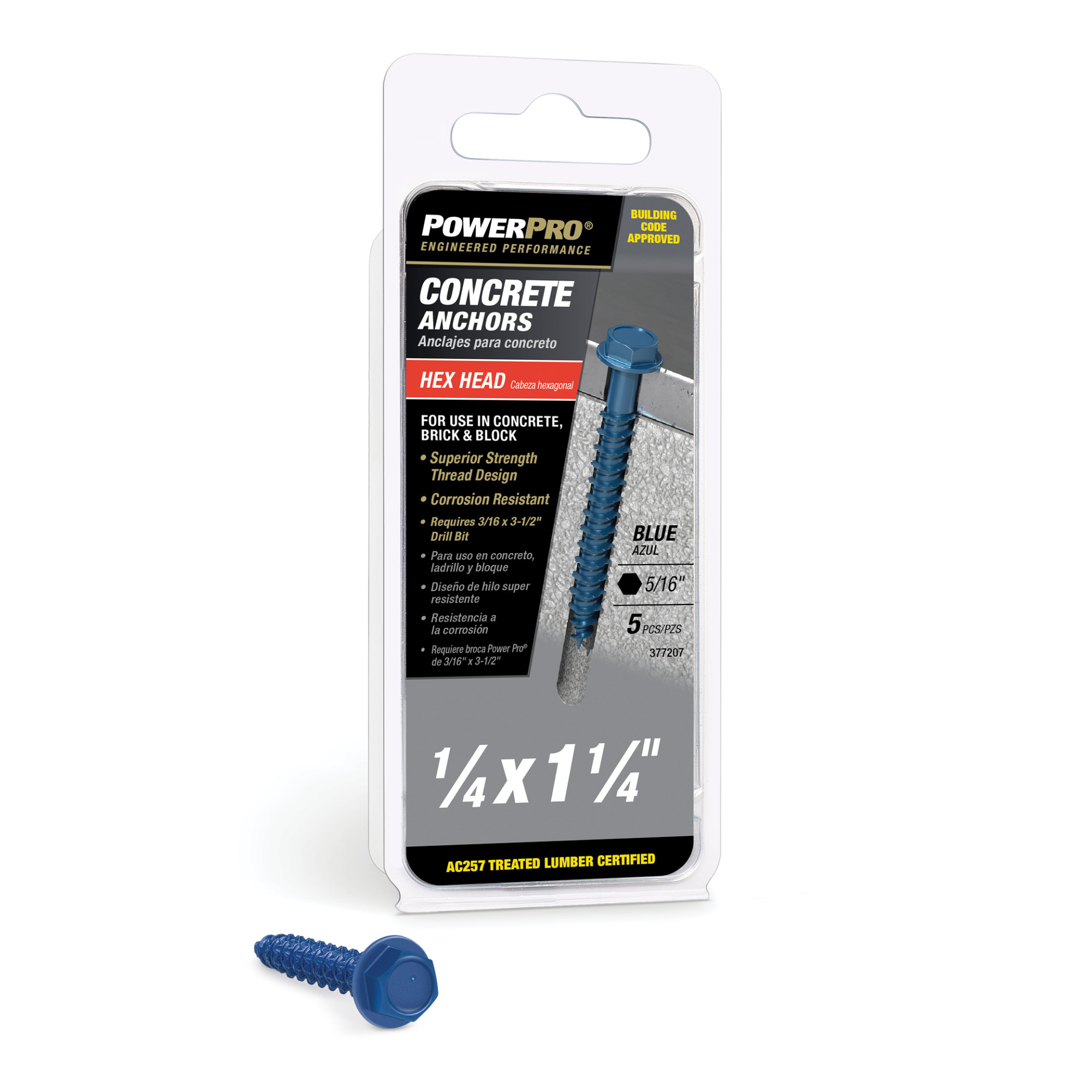 Power Pro Blue Hex Washer-Head Concrete Screw Anchor (1/4 in. x 1-1/4 in.) - 5 pc