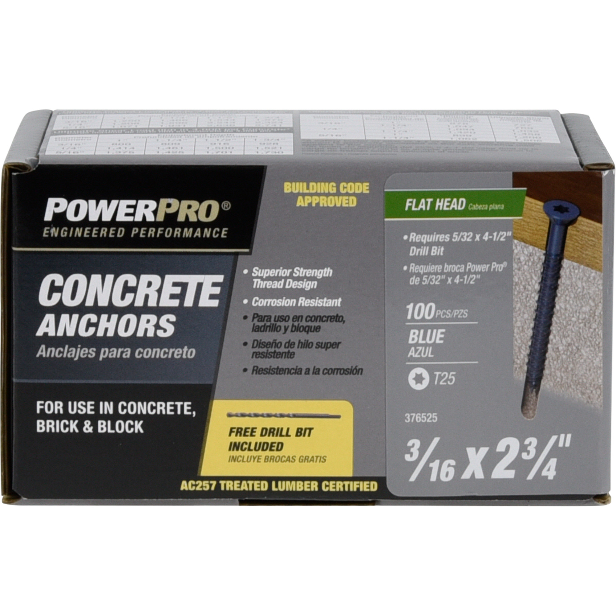 Power Pro Blue Flat-Head Concrete Screw Anchor (3/16 in. x 2-3/4 in.) - 100 pc