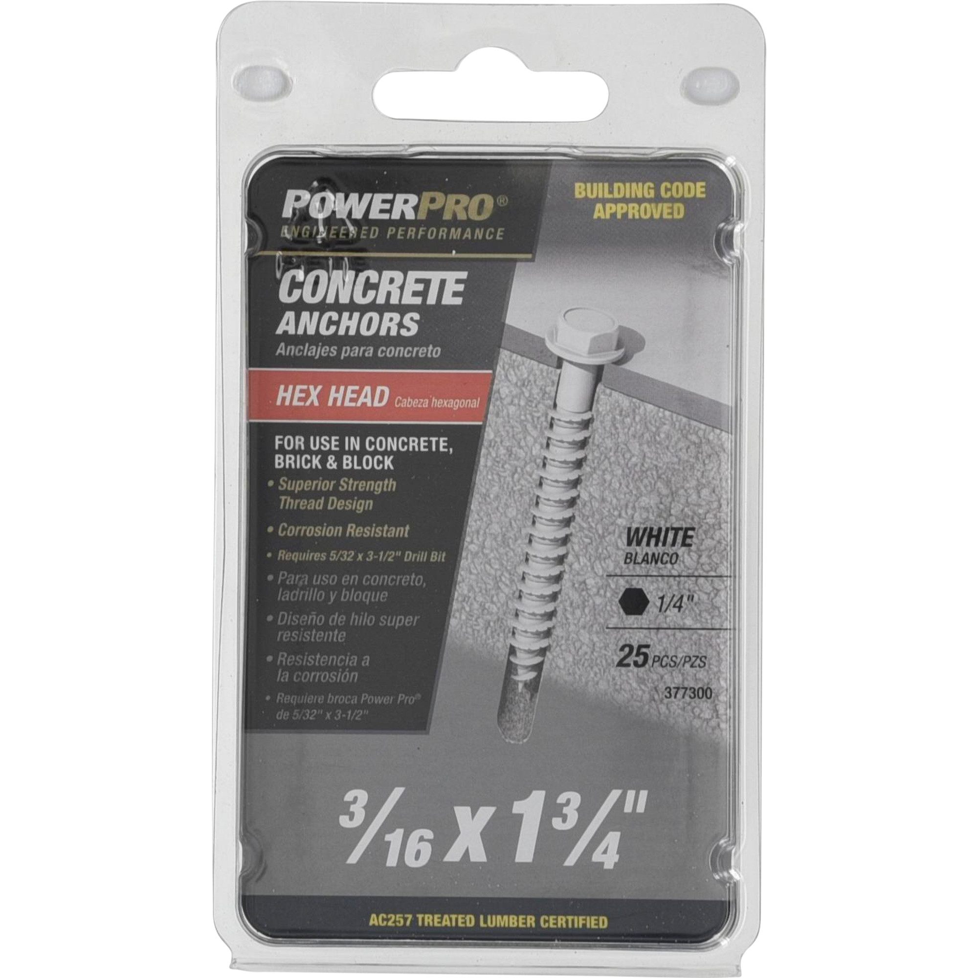 Power Pro White Hex Washer-Head Concrete Screw Anchor (3/16 in. x 1-3/4 in.) - 25 pc