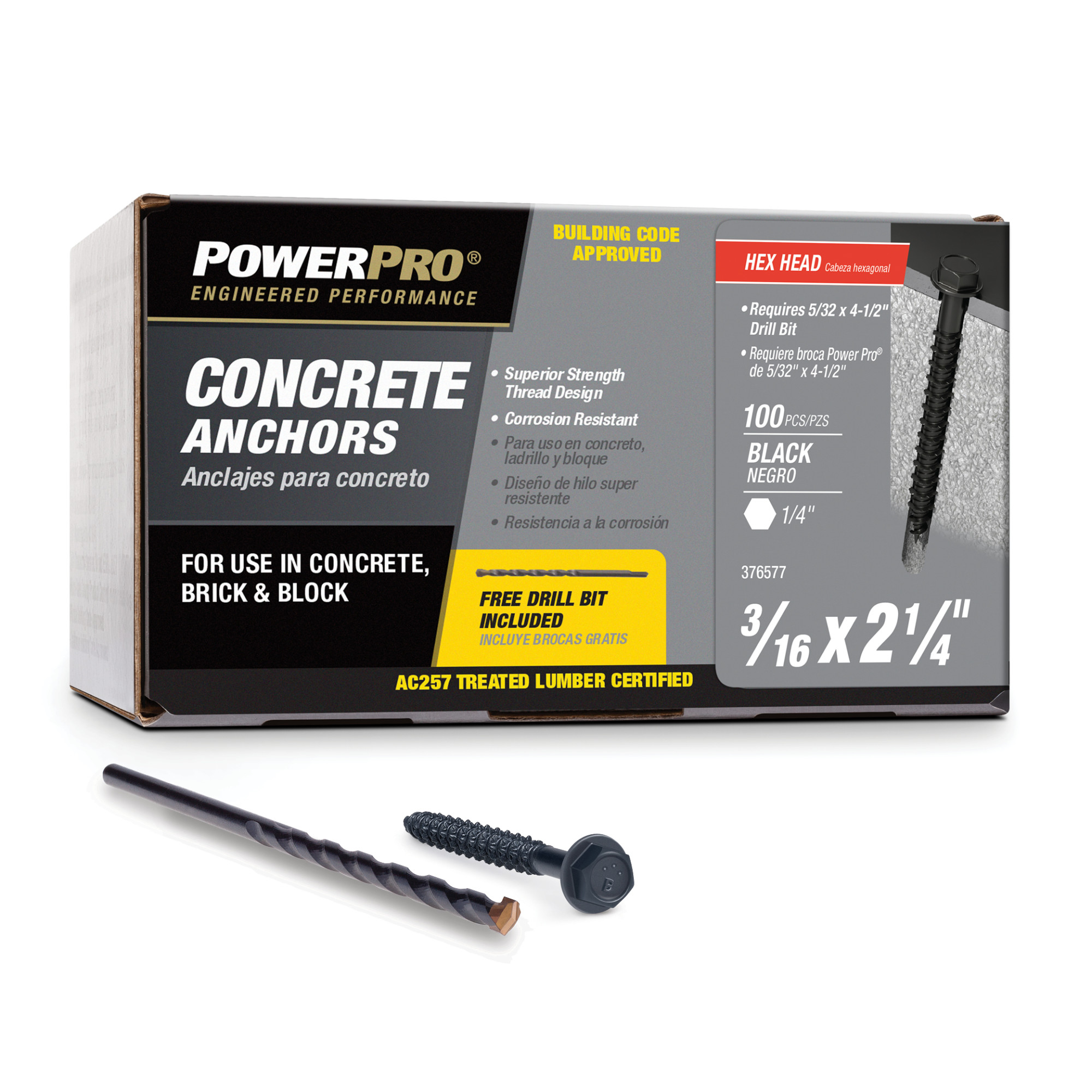 Power Pro Black Hex Washer-Head Concrete Screw Anchor (3/16 in. x 2-1/4 in.) - 100 pc