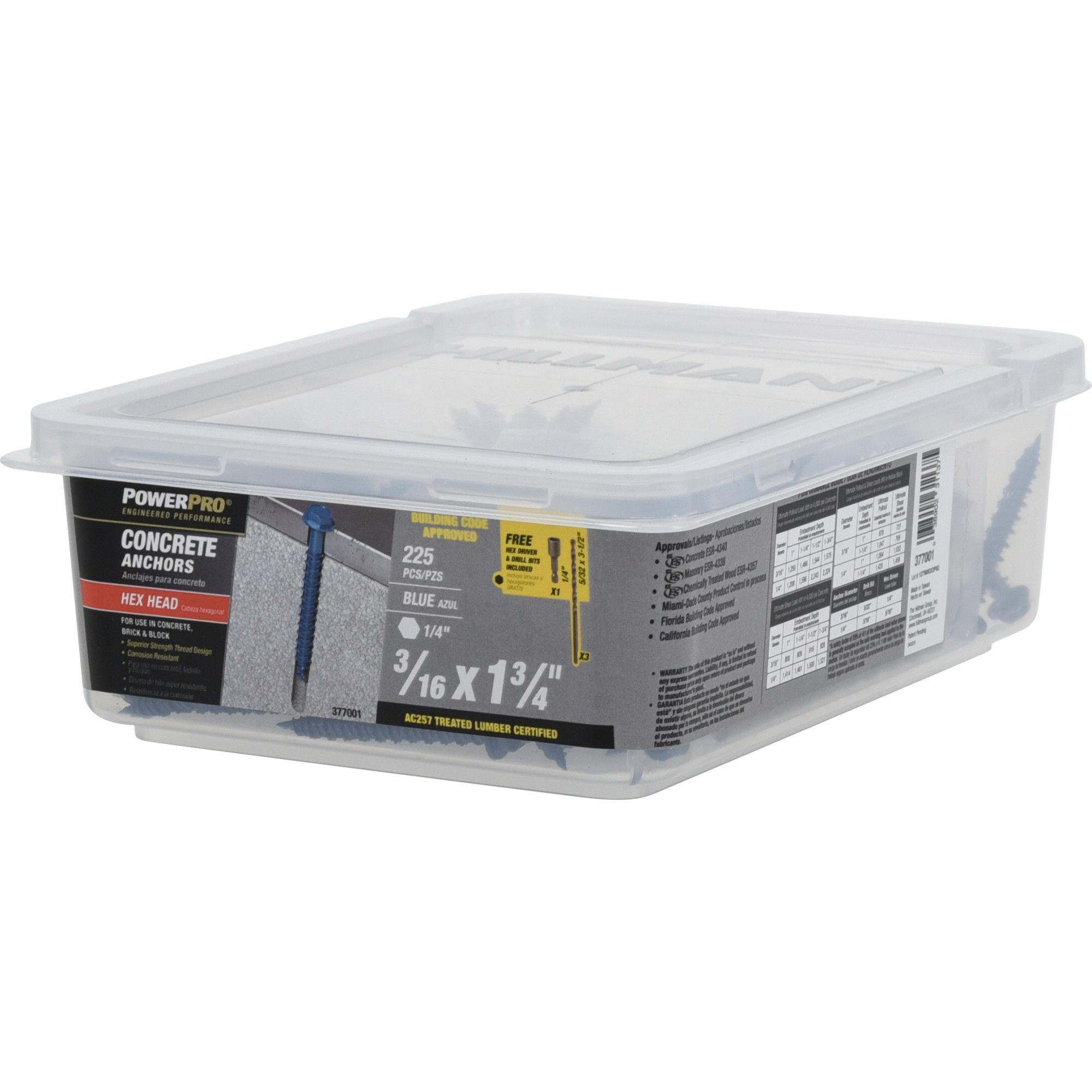 Power Pro Blue Hex Washer-Head Concrete Screw Anchor (3/16 in. x 1-3/4 in.) - 225 pc