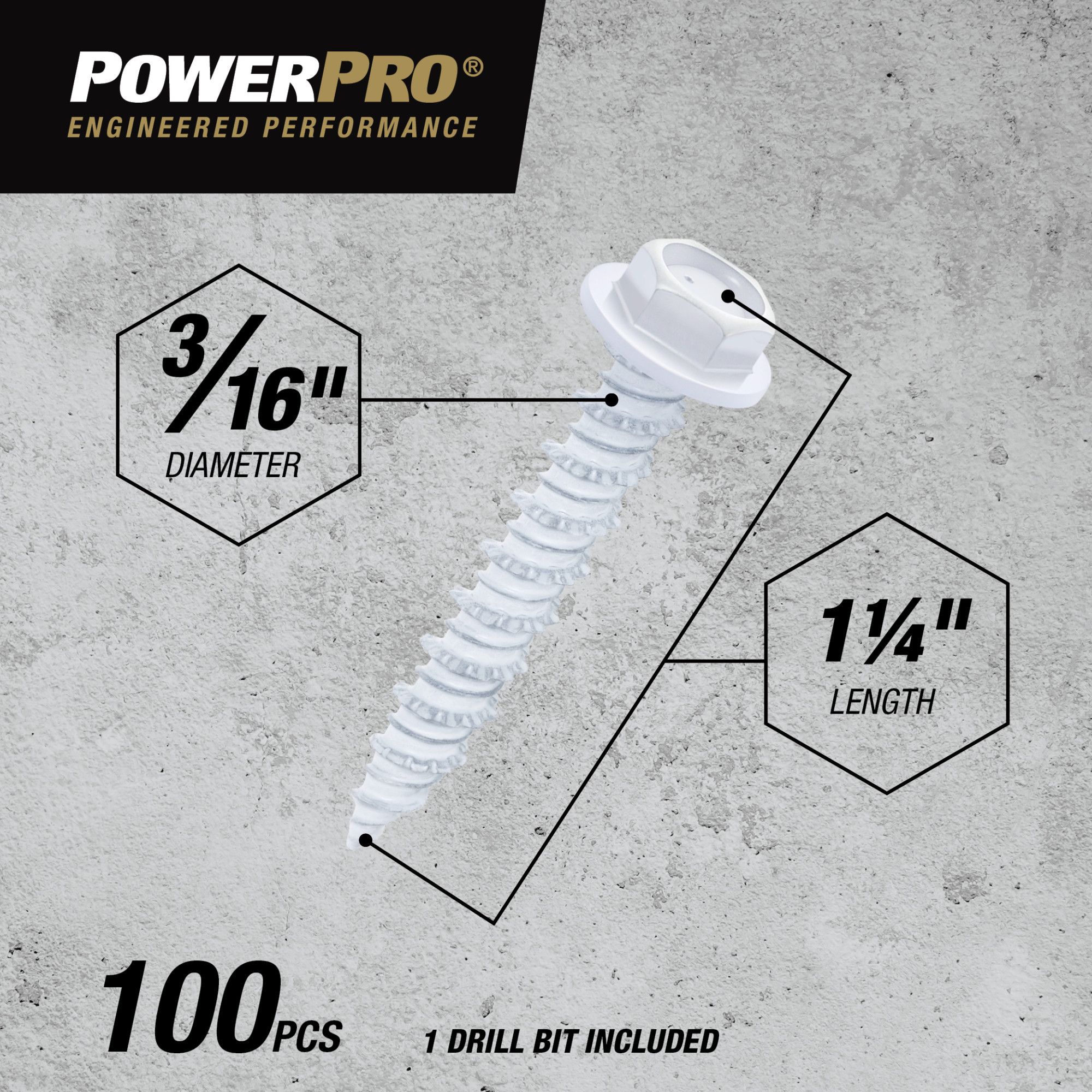 Power Pro White Hex Washer-Head Concrete Screw Anchor (3/16 in. x 1-1/4 in.) - 100 pc