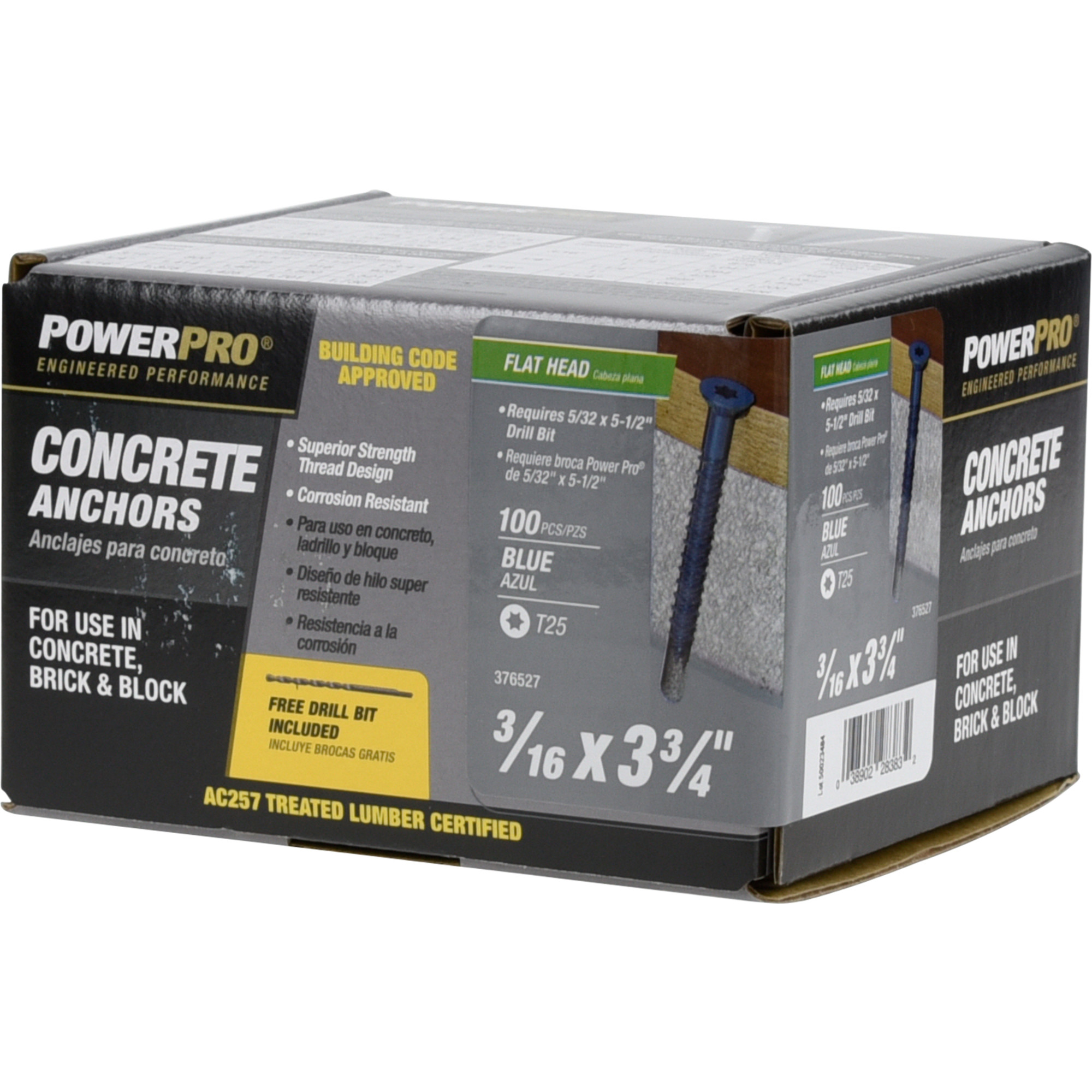 Power Pro Blue Flat-Head Concrete Screw Anchor (3/16 in. x 3-3/4 in.) - 100 pc