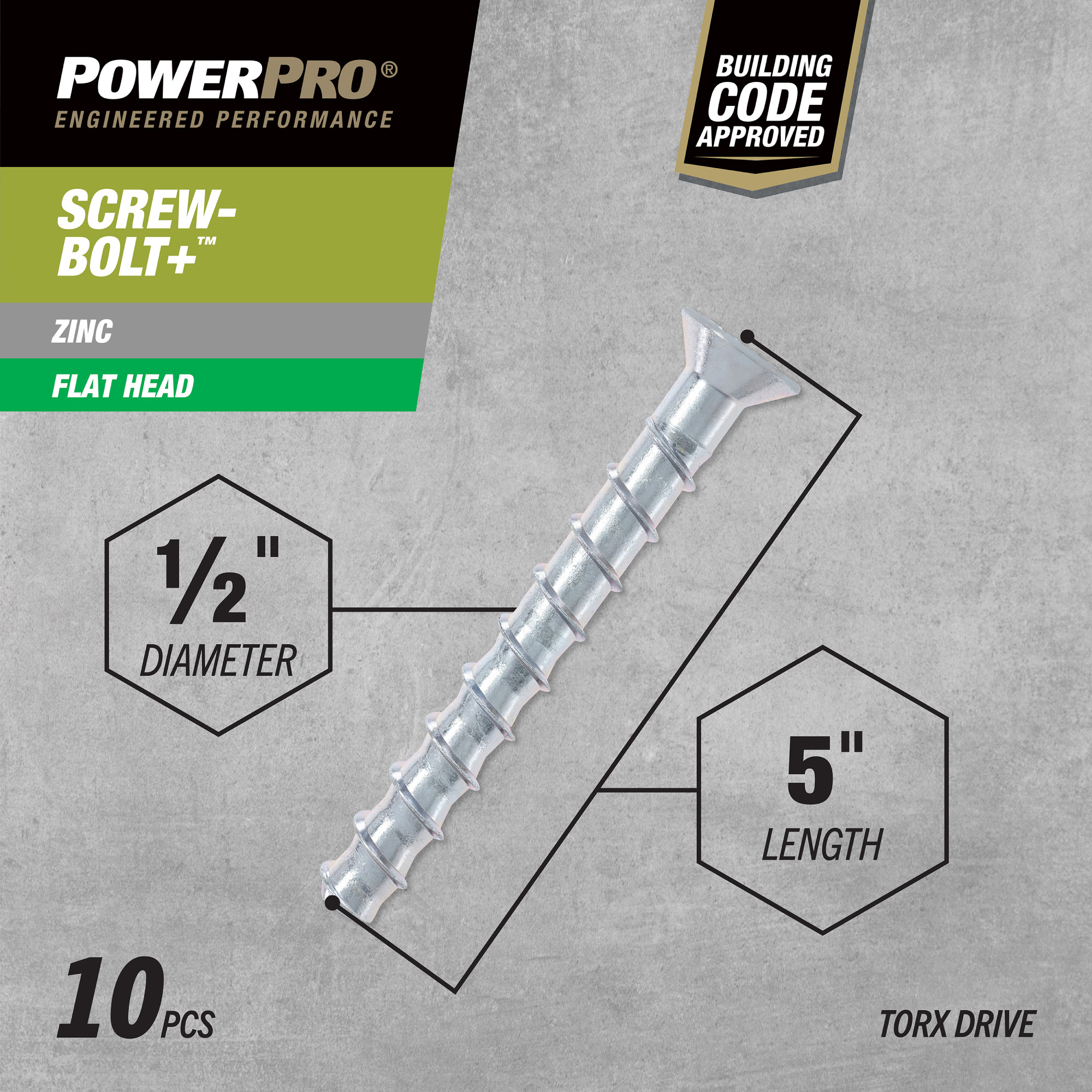 Power Pro Zinc Flat Head Screw-Bolt+ Anchors (1/2 in. x 5 in.) - 10 pc