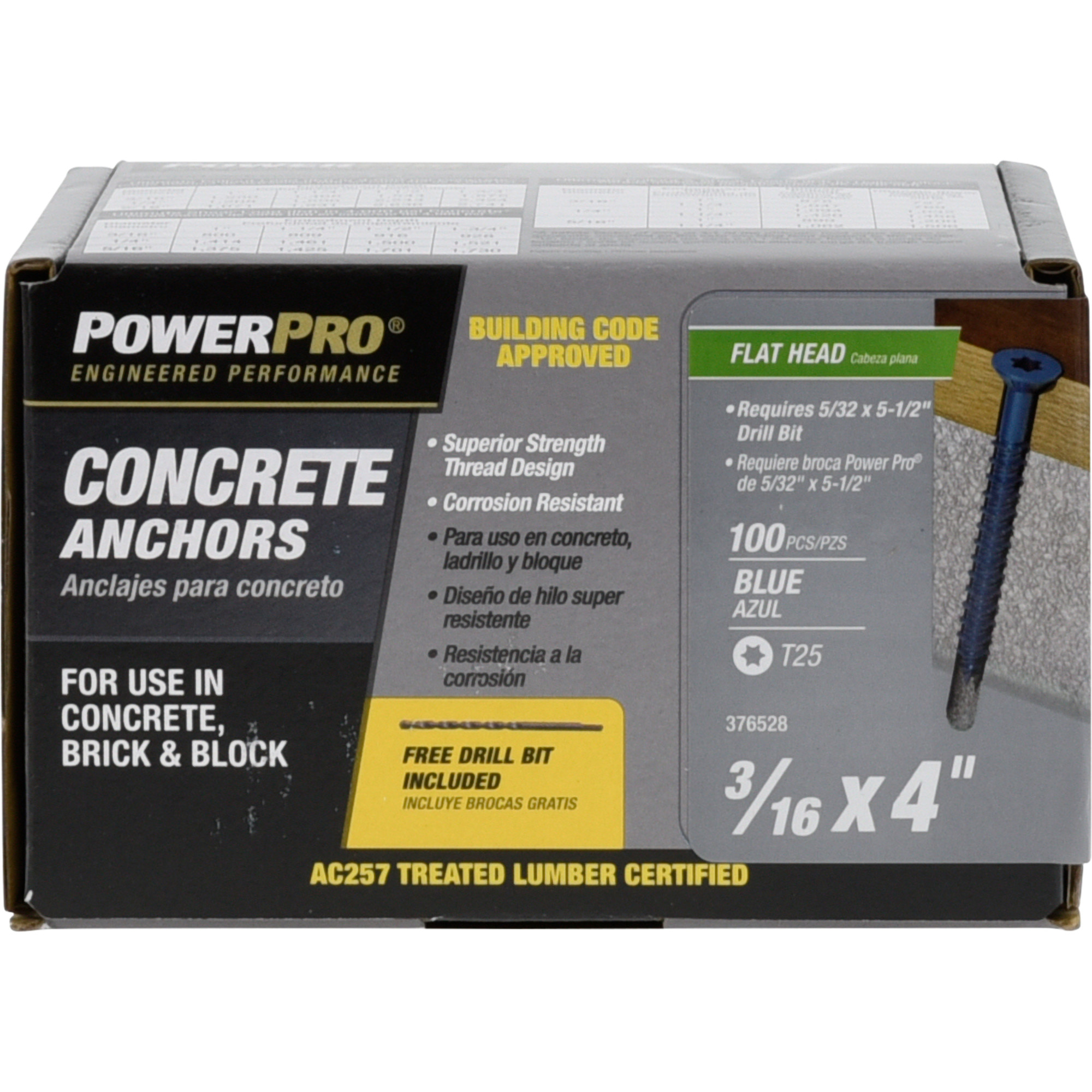 Power Pro Blue Flat-Head Concrete Screw Anchor (3/16 in. x 4 in.) - 100 pc