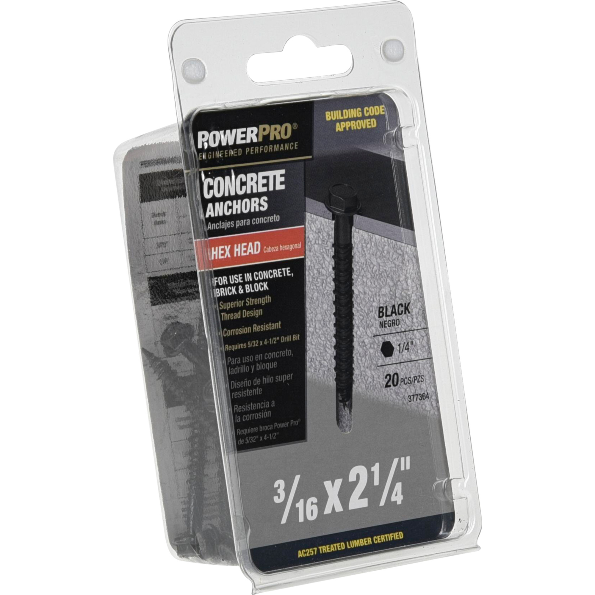 Power Pro Black Hex Washer-Head Concrete Screw Anchor (3/16 in. x 2-1/4 in.) - 20 pc