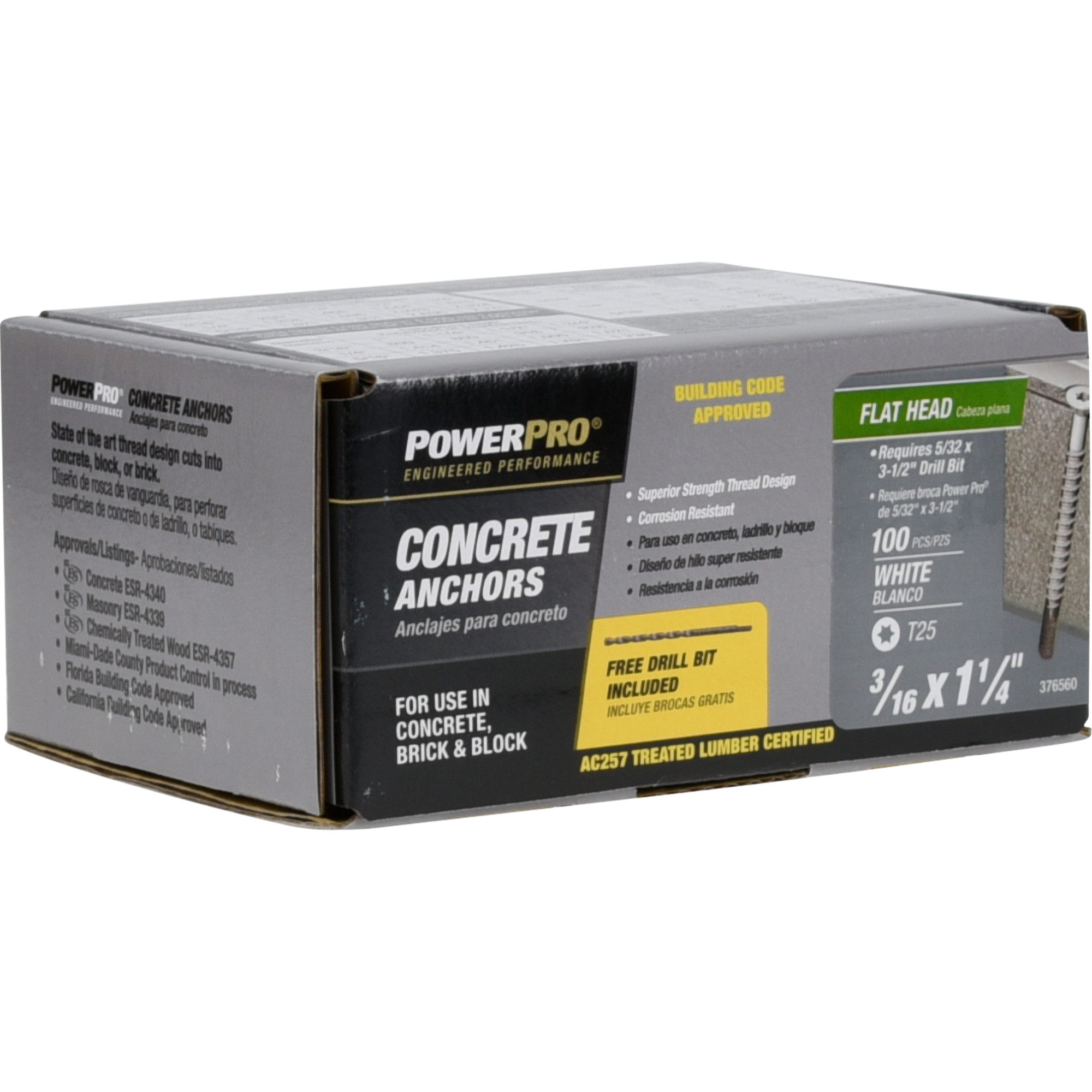 Power Pro White Flat-Head Concrete Screw Anchor (3/16 in. x 1-1/4 in.) - 100 pc