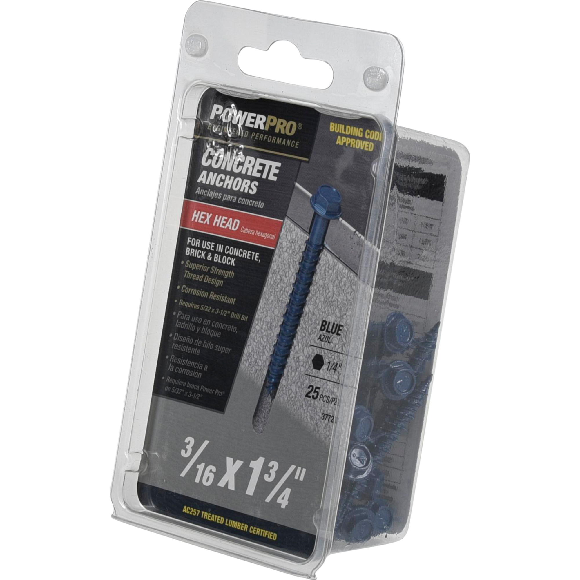 Power Pro Blue Hex Washer-Head Concrete Screw Anchor (3/16 in. x 1-3/4 in.) - 25 pc