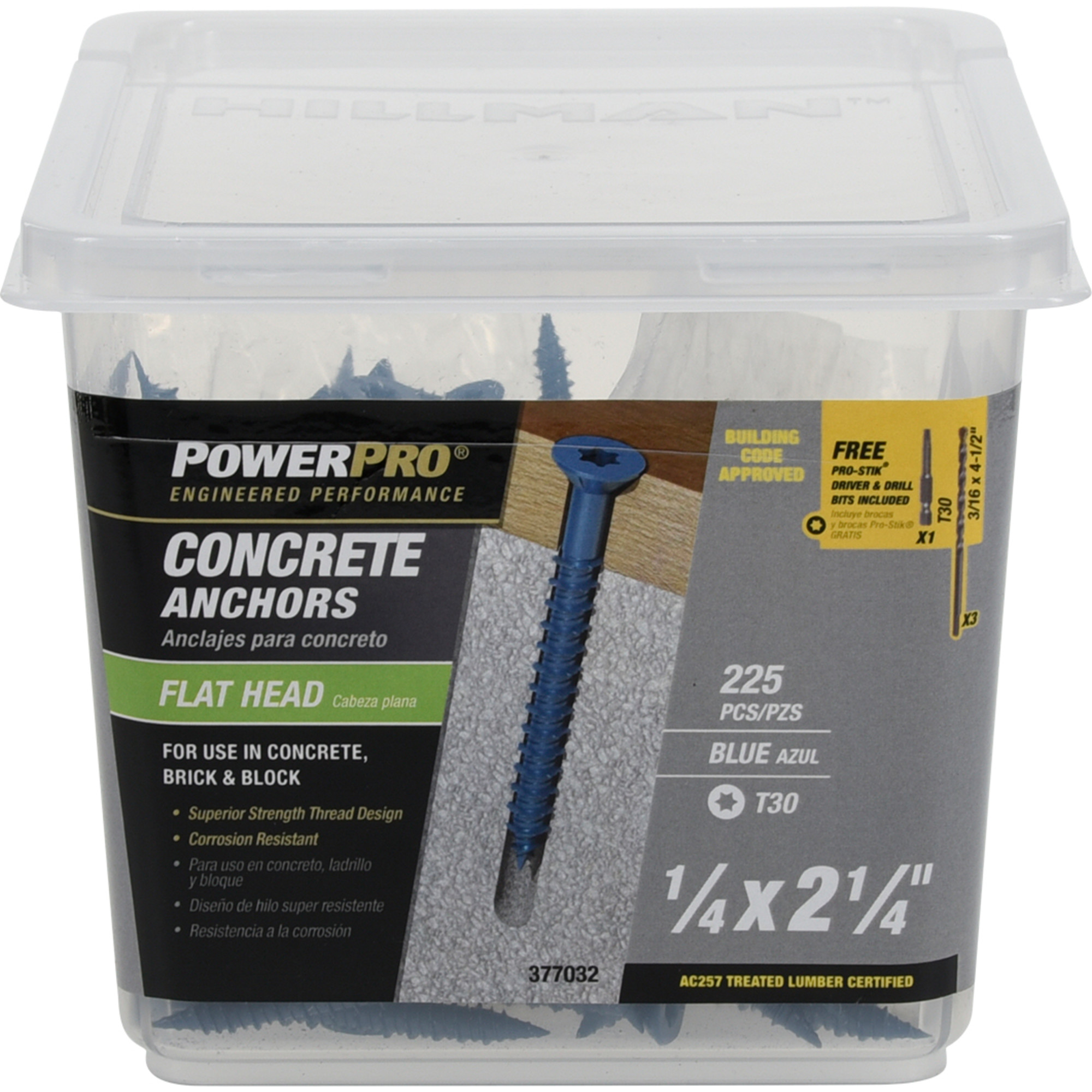 Power Pro Blue Flat-Head Concrete Screw Anchor (1/4 in. x 2-1/4 in.) - 225 pc