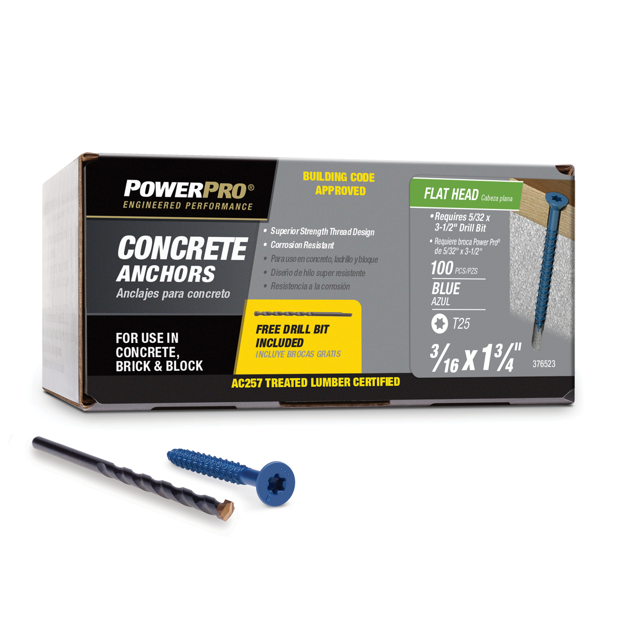 Power Pro Blue Flat-Head Concrete Screw Anchor (3/16 in. x 1-3/4 in.) - 100 pc