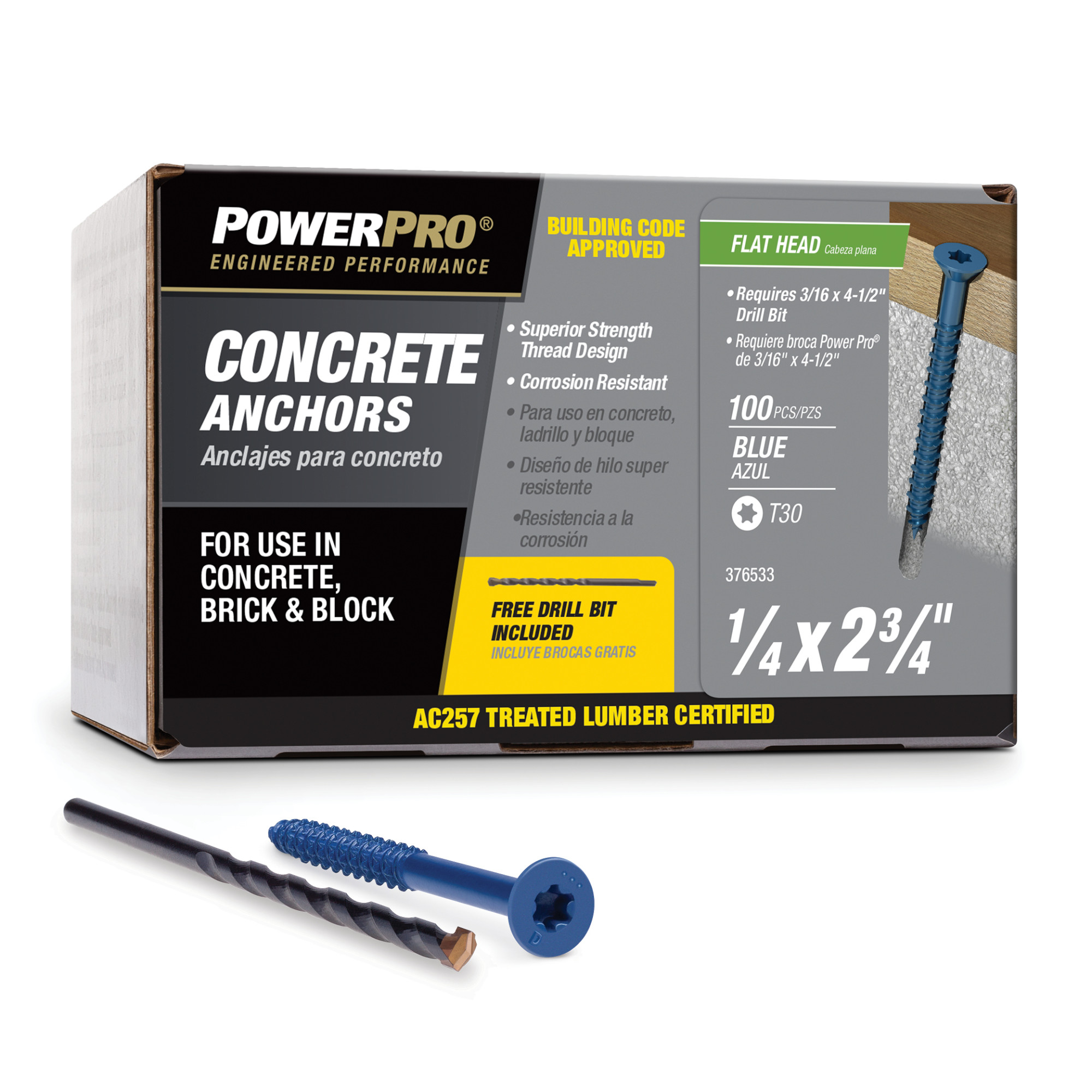 Power Pro Blue Flat-Head Concrete Screw Anchor (1/4 in. x 2-3/4 in.) - 100 pc