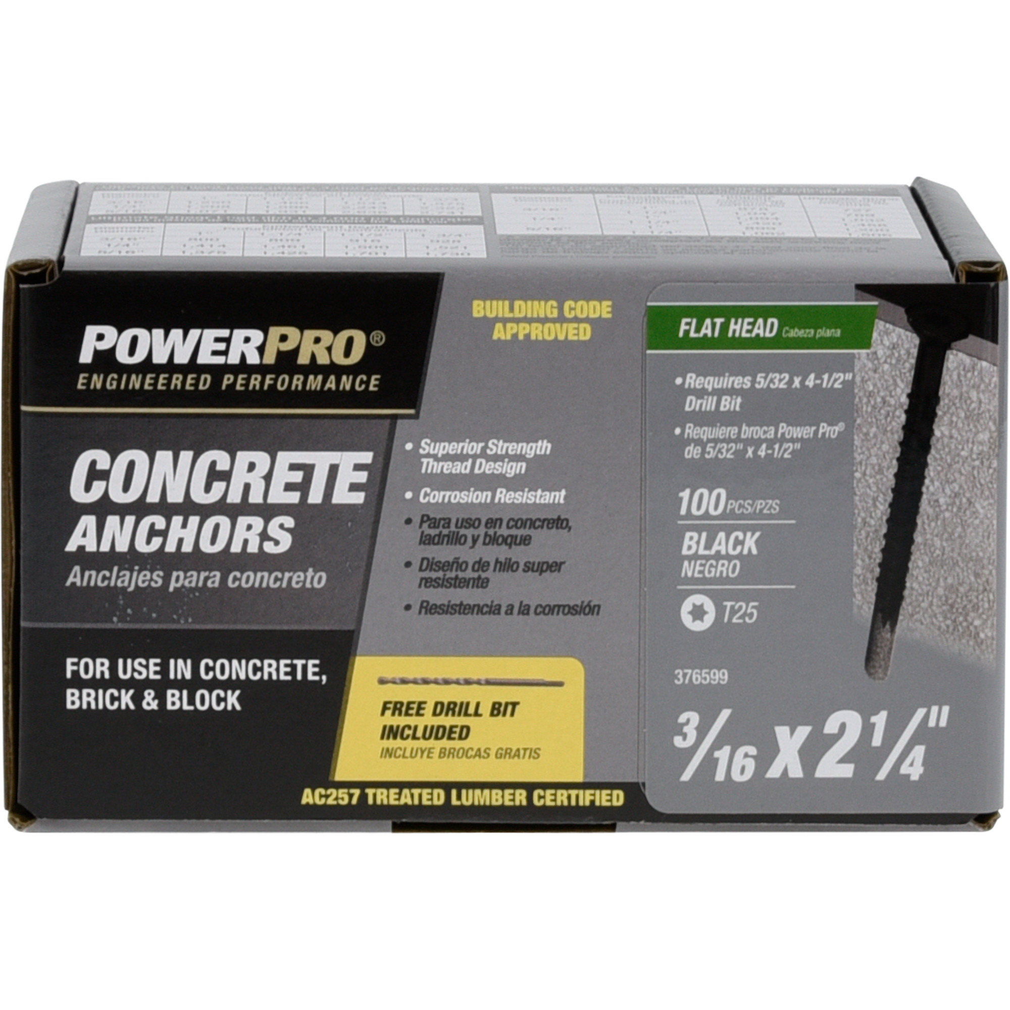 Power Pro Black Flat-Head Concrete Screw Anchor (3/16 in. x 2-1/4 in.) - 100 pc