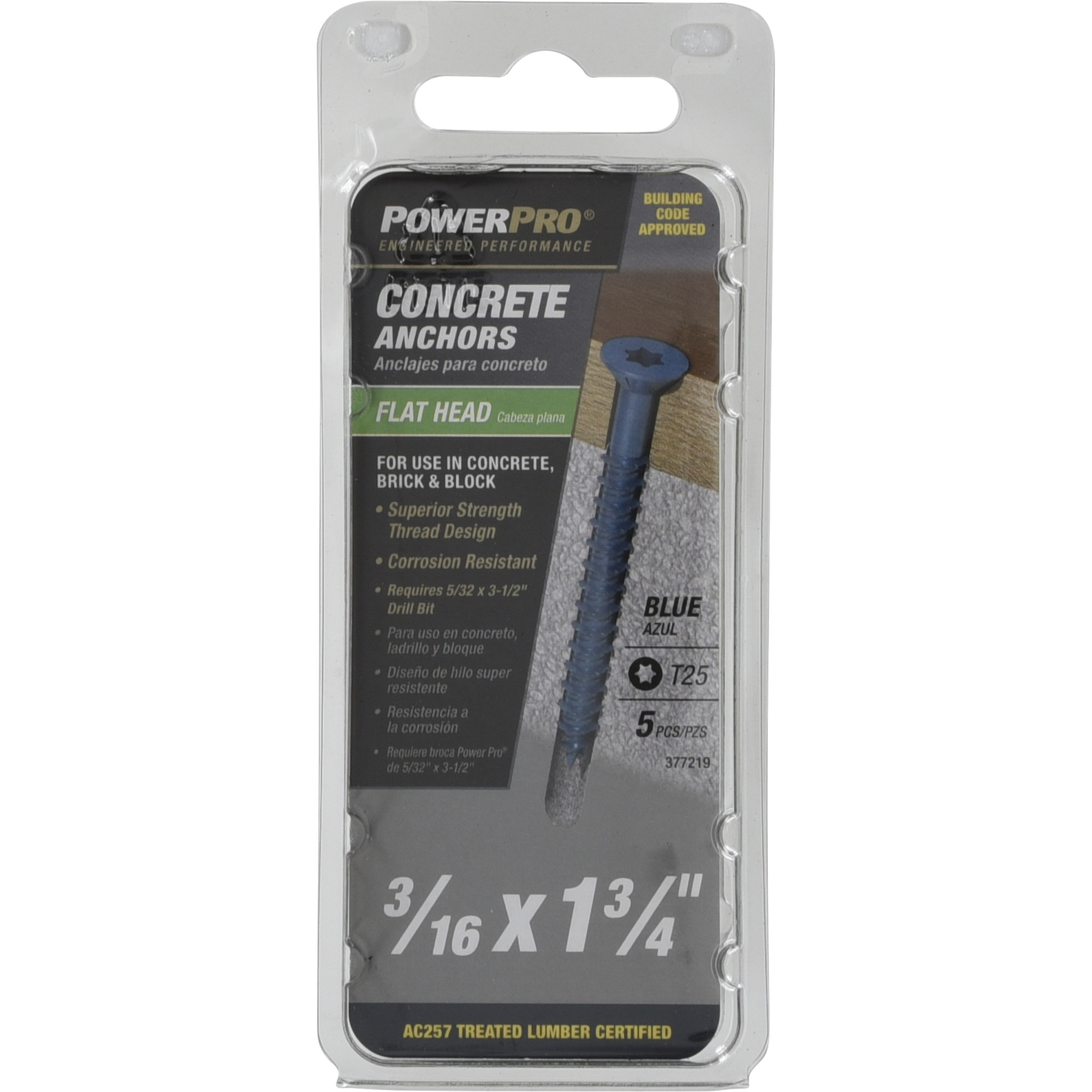 Power Pro Blue Flat-Head Concrete Screw Anchor (3/16 in. x 1-3/4 in.) - 5 pc