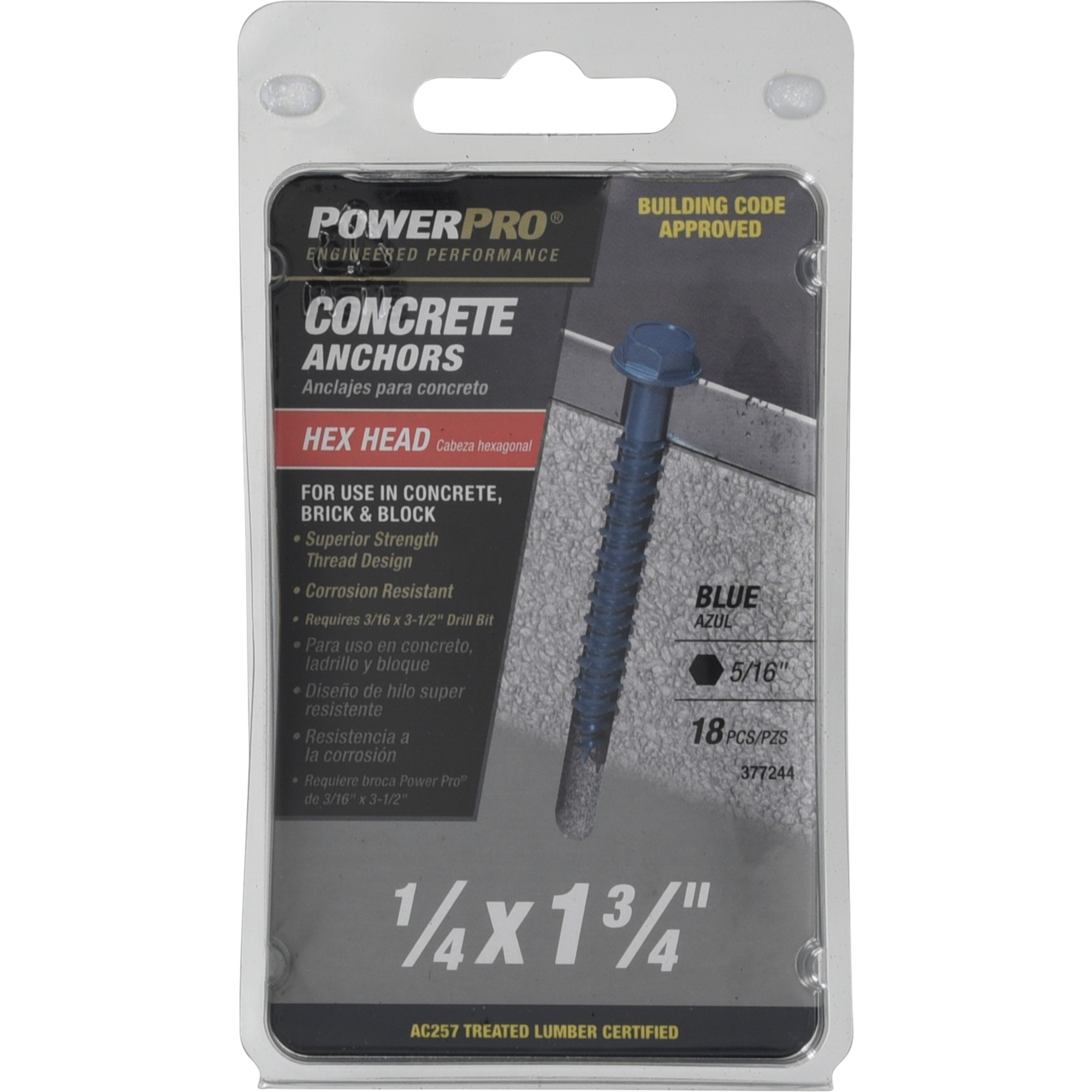 Power Pro Blue Hex Washer-Head Concrete Screw Anchor (1/4 in. x 1-3/4 in.) - 18 pc