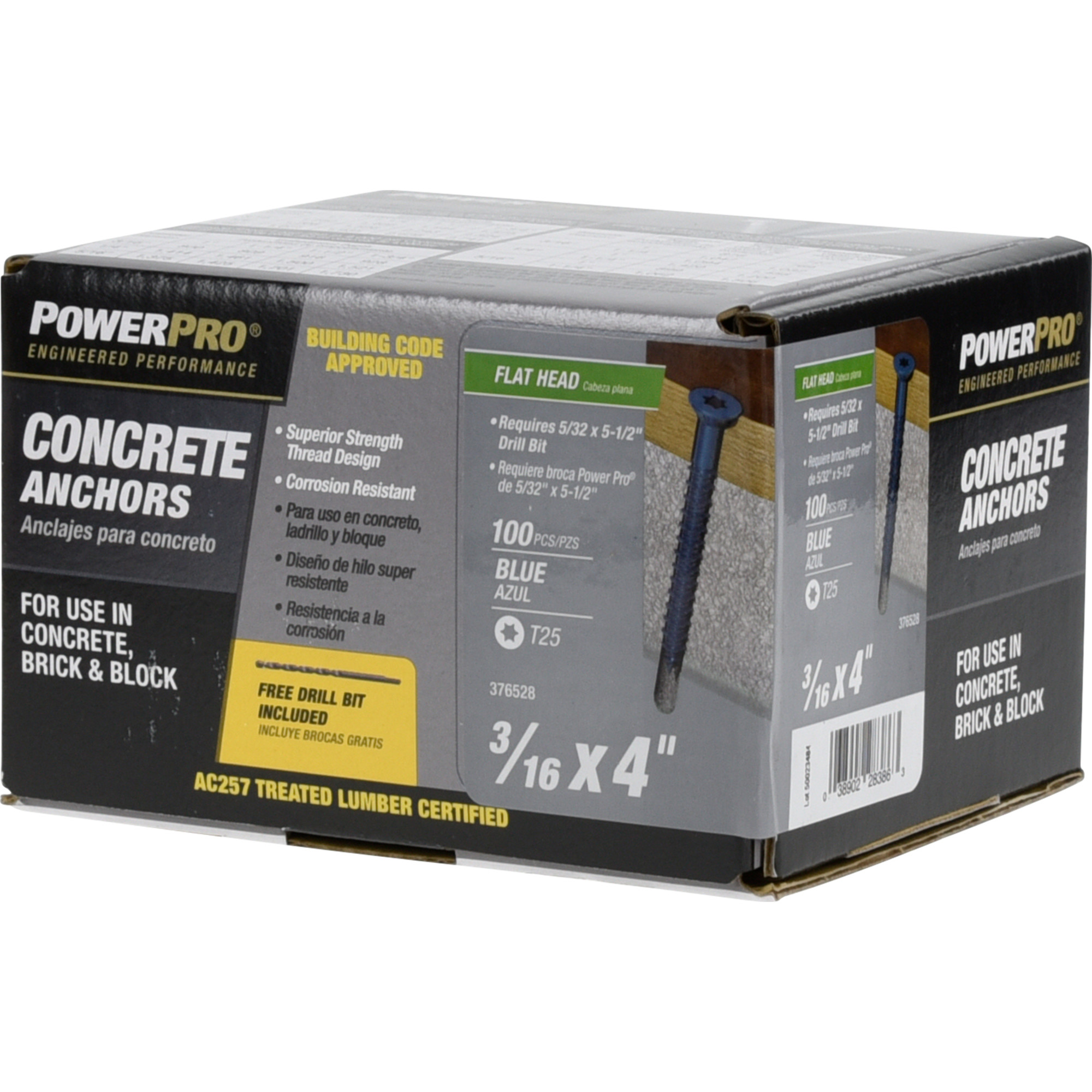 Power Pro Blue Flat-Head Concrete Screw Anchor (3/16 in. x 4 in.) - 100 pc