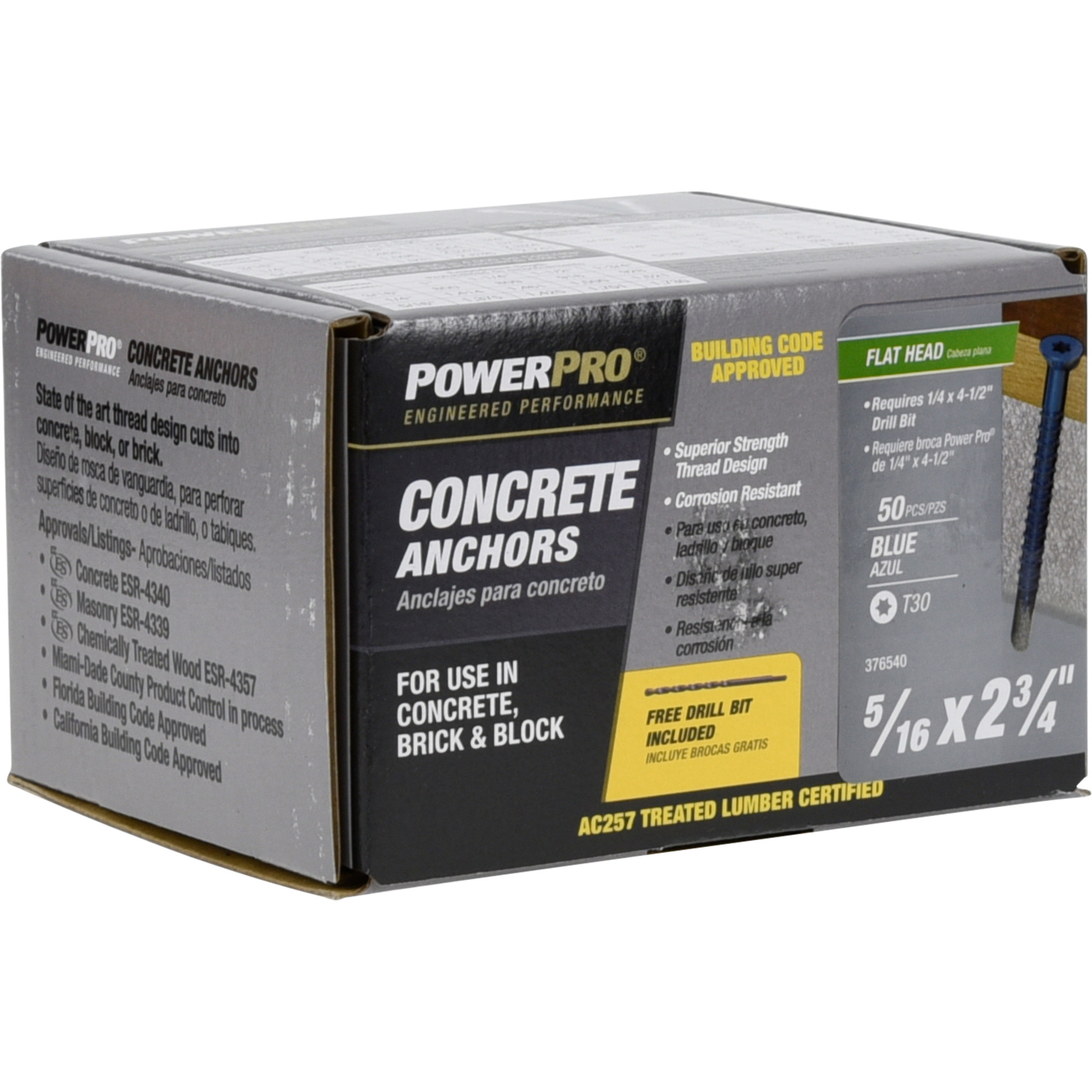 Power Pro Blue Flat-Head Concrete Screw Anchor (5/16 in. x 2-3/4 in.) - 50 pc