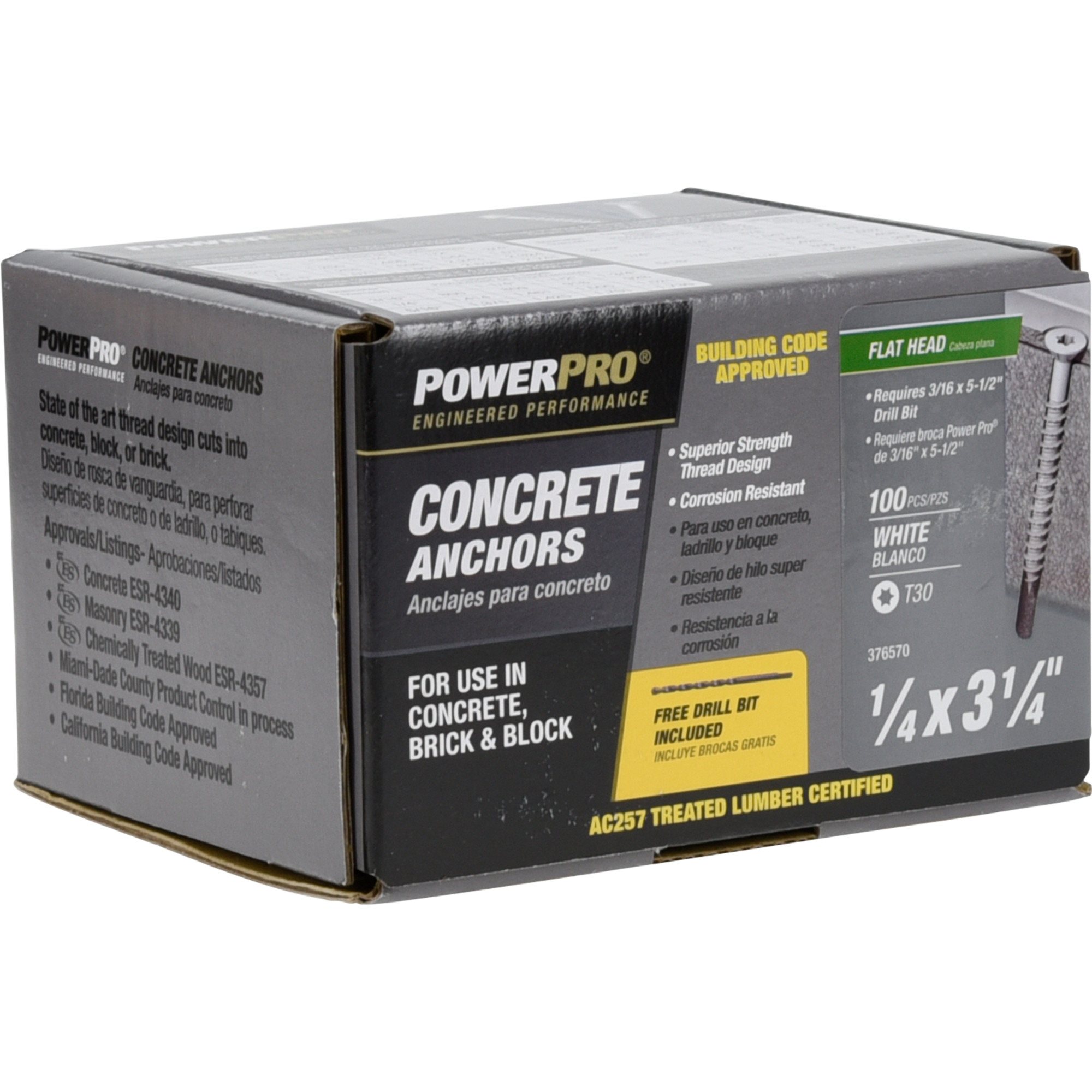 Power Pro White Flat-Head Concrete Screw Anchor (1/4 in. x 3-1/4 in.) - 100 pc