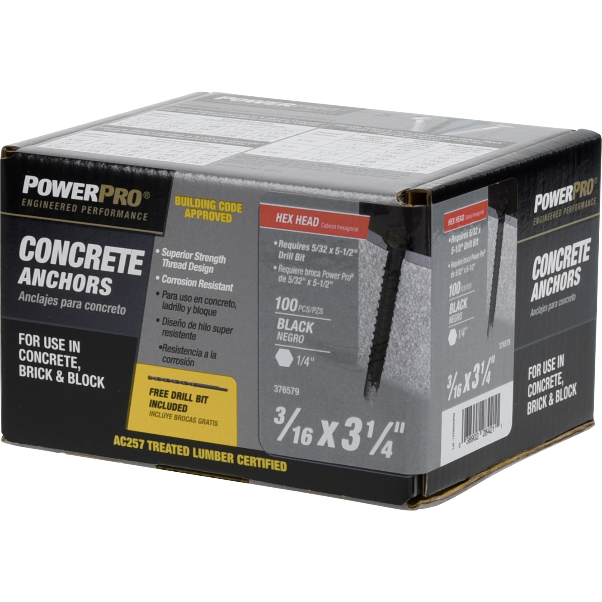 Power Pro Black Hex Washer-Head Concrete Screw Anchor (3/16 in. x 3-1/4 in.) - 100 pc