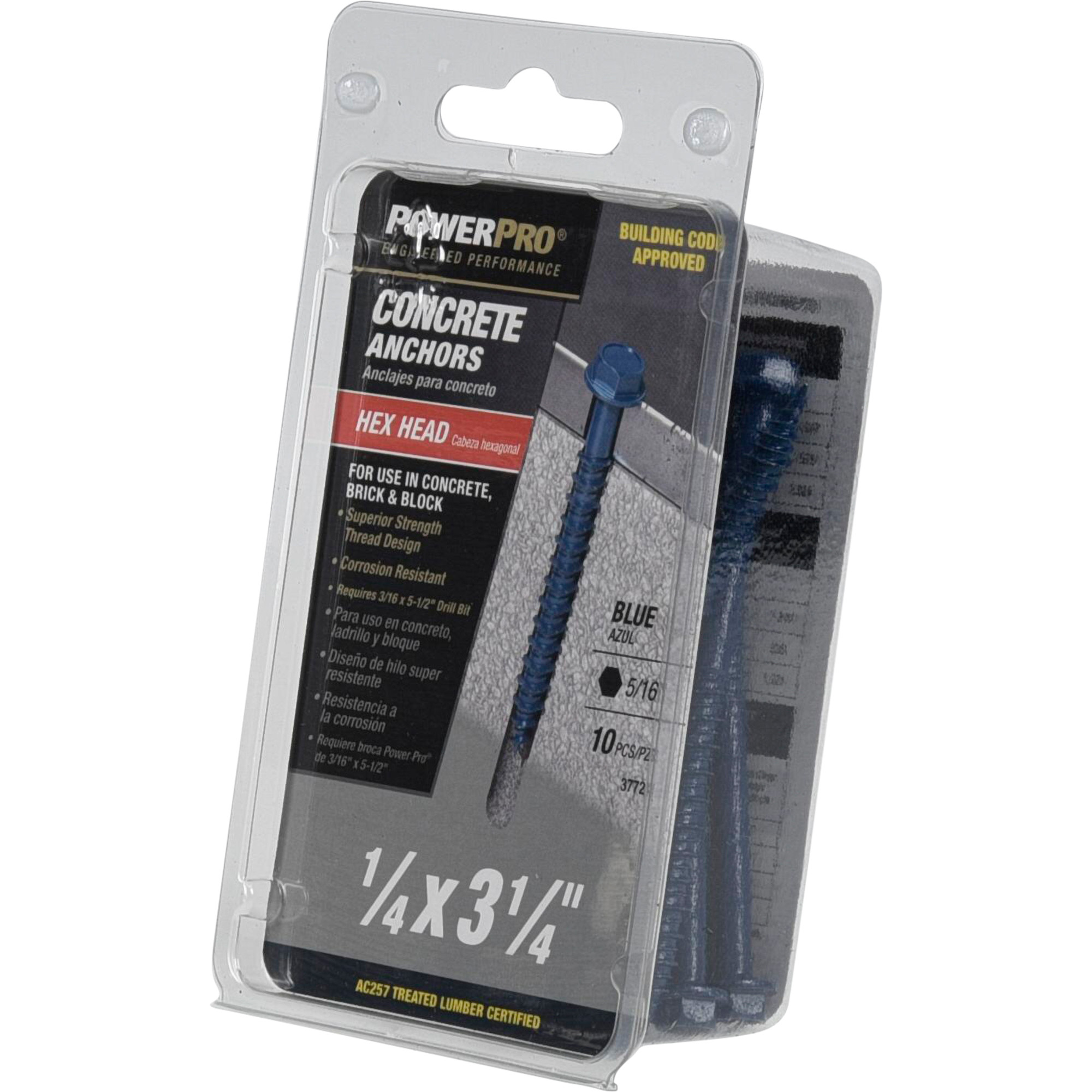 Power Pro Blue Hex Washer-Head Concrete Screw Anchor (1/4 in. x 3-1/4 in.) - 10 pc