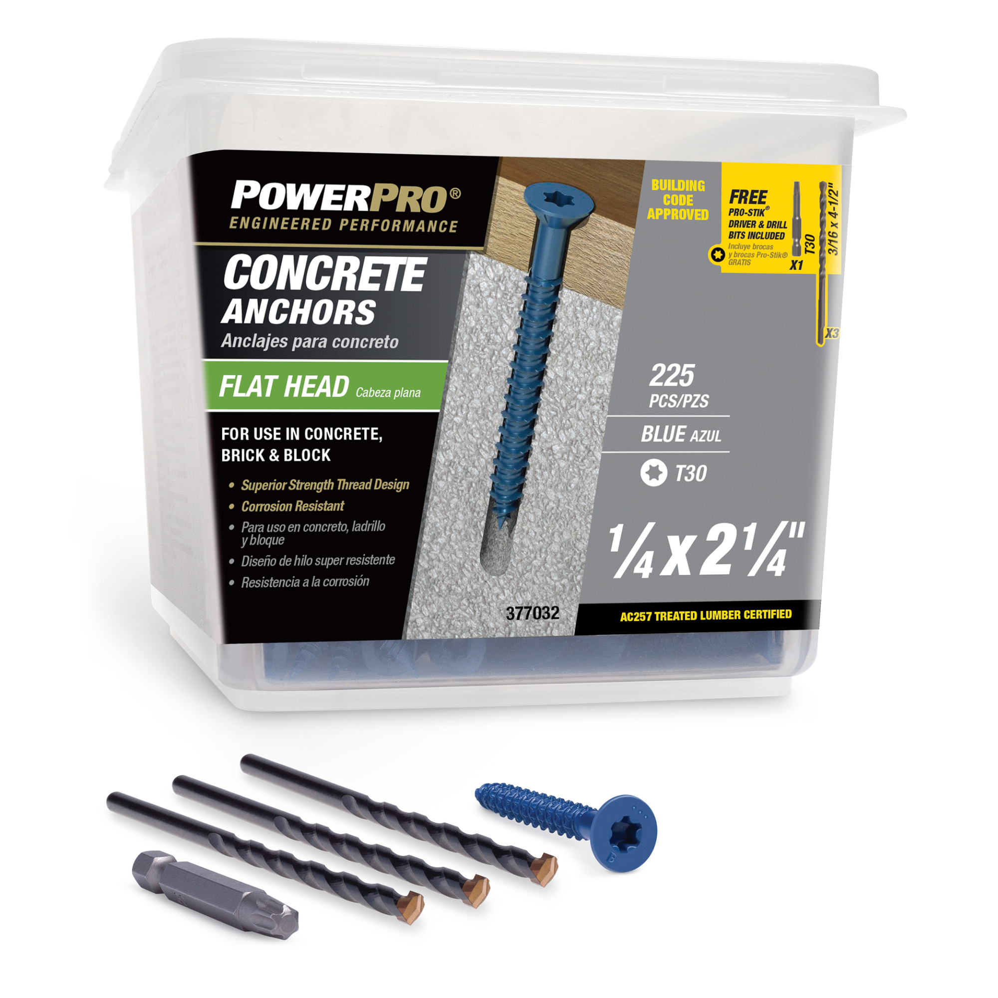 Power Pro Blue Flat-Head Concrete Screw Anchor (1/4 in. x 2-1/4 in.) - 225 pc